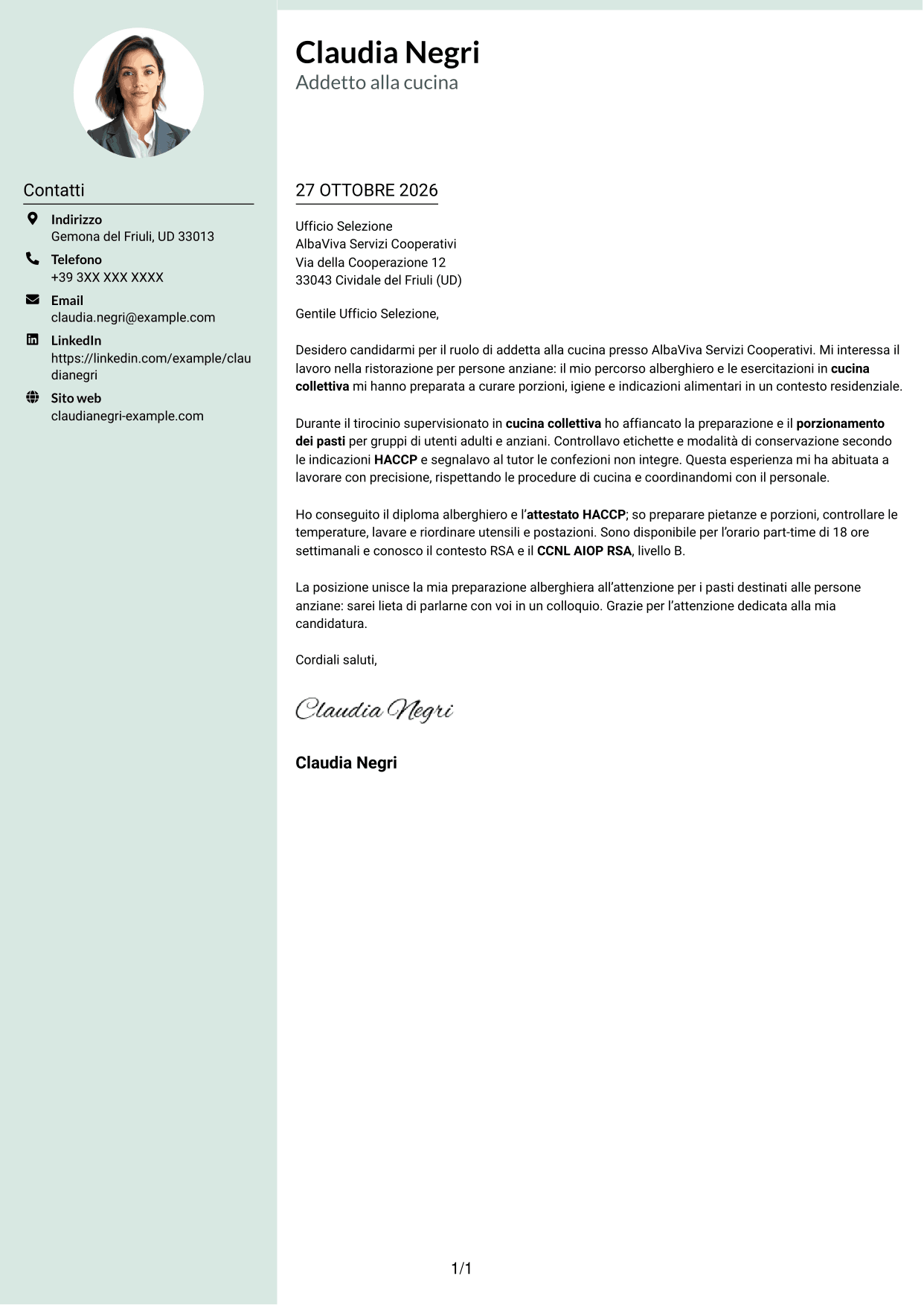 Lettera di presentazione Dirigente (formato con colonna laterale tenue e foto arrotondata): Addetto alla cucina - Ristorazione per anziani, pagina 1
