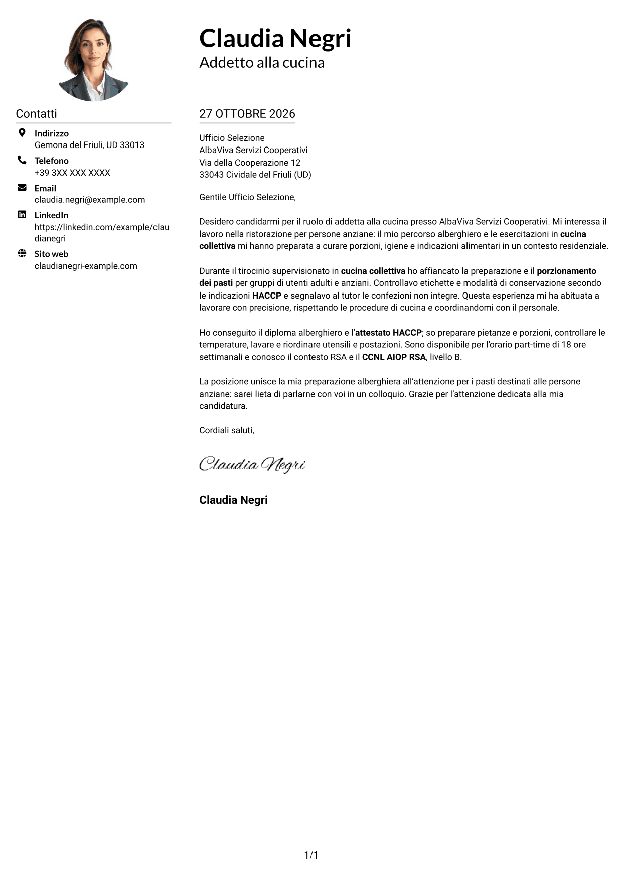 Esempio di lettera di presentazione — pagina 1