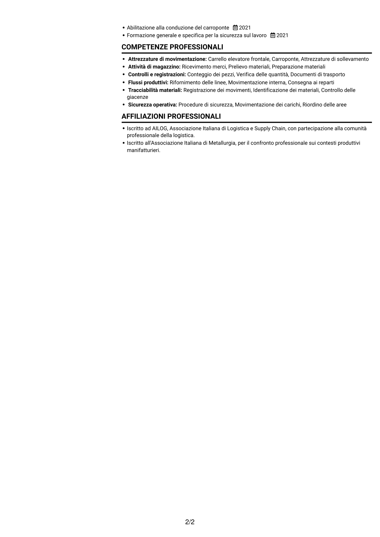 CV Compatto (formato sobrio a due colonne con foto): Addetto alla logistica di magazzino e produzione - movimentazione interna, pagina 2