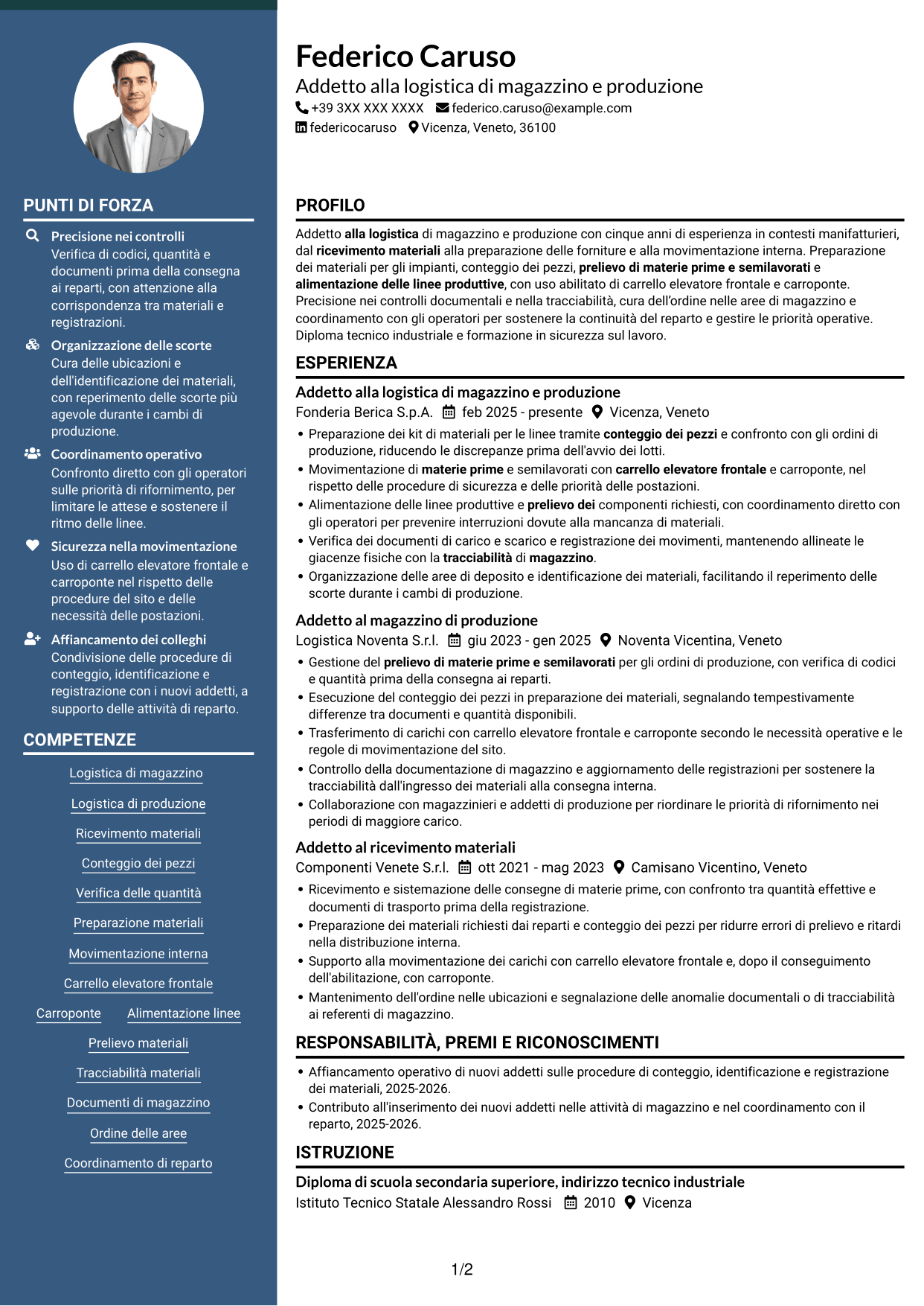 CV Elegante (formato con colonna laterale colorata e foto): Addetto alla logistica di magazzino e produzione - movimentazione interna, pagina 1