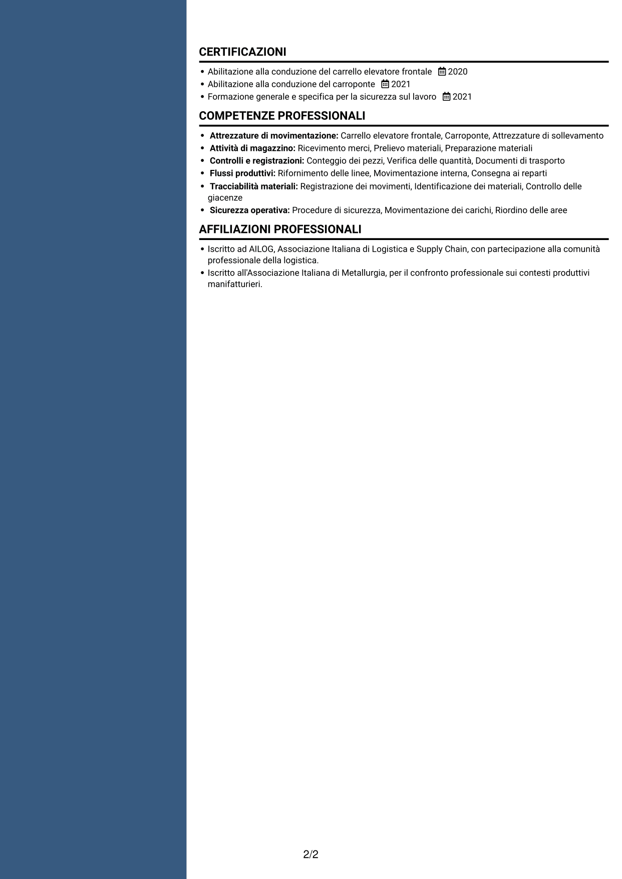 CV Elegante (formato con colonna laterale colorata e foto): Addetto alla logistica di magazzino e produzione - movimentazione interna, pagina 2