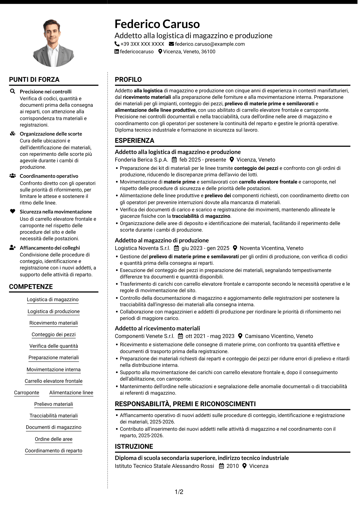 CV Moderno (formato a due colonne con foto a sinistra e separatore): Addetto alla logistica di magazzino e produzione - movimentazione interna, pagina 1