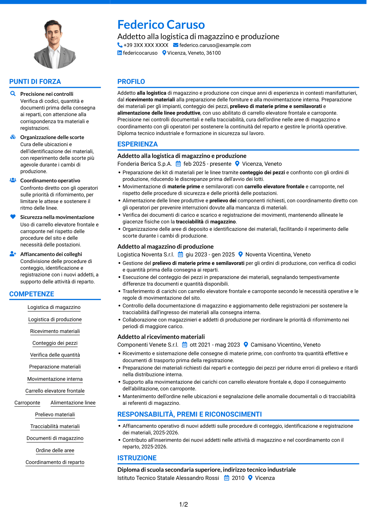 CV Audace (formato a due colonne con accenti colorati e foto): Addetto alla logistica di magazzino e produzione - movimentazione interna, pagina 1