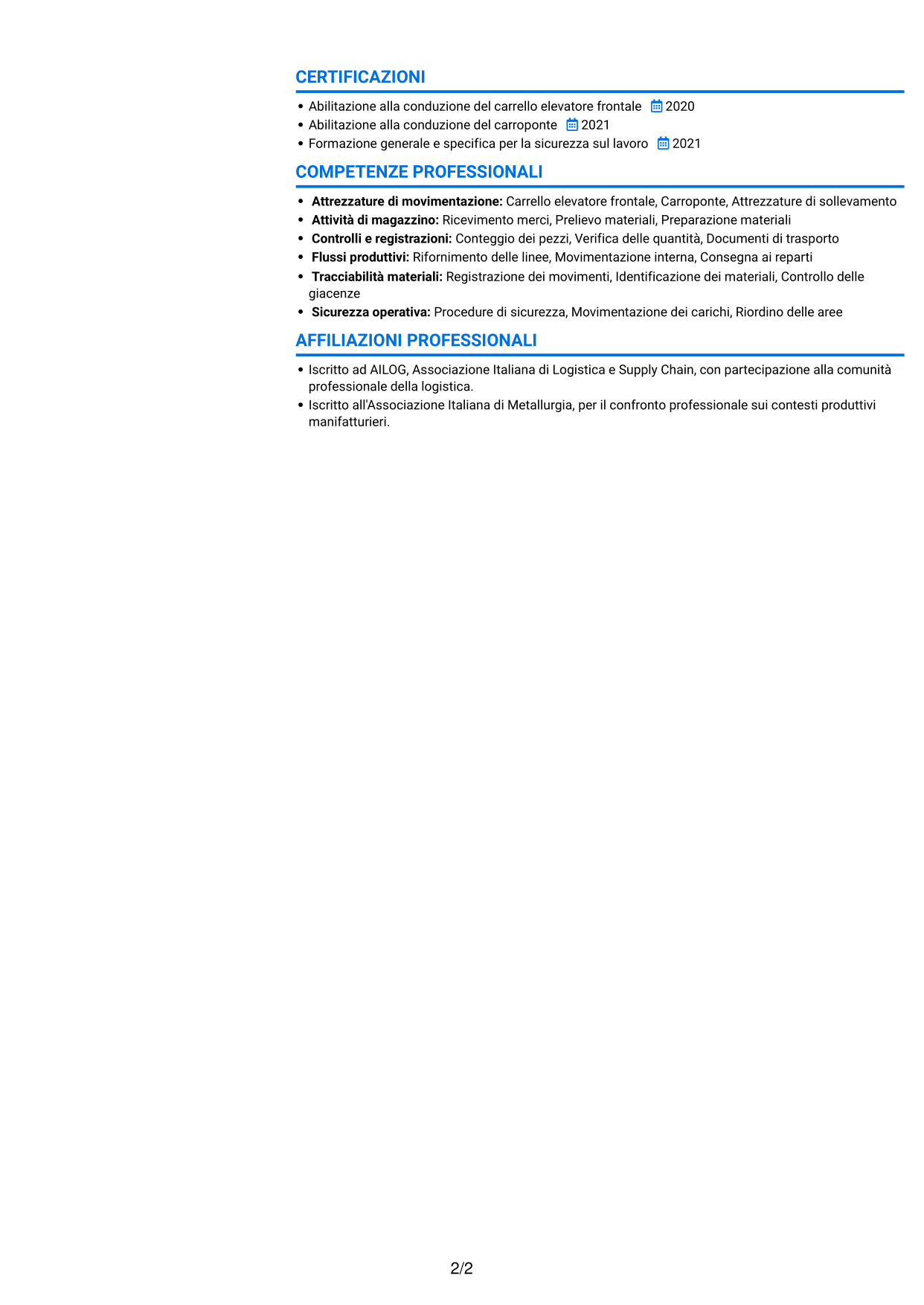 CV Audace (formato a due colonne con accenti colorati e foto): Addetto alla logistica di magazzino e produzione - movimentazione interna, pagina 2