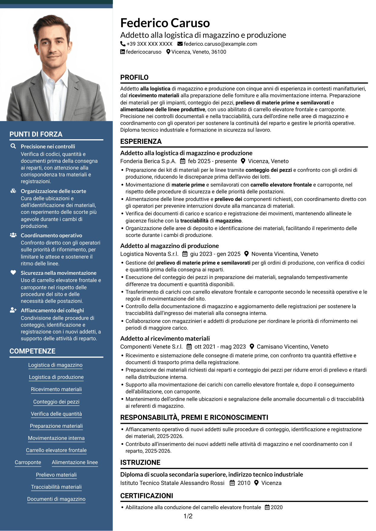CV Signature (formato con colonna laterale colorata e foto grande): Addetto alla logistica di magazzino e produzione - movimentazione interna, pagina 1