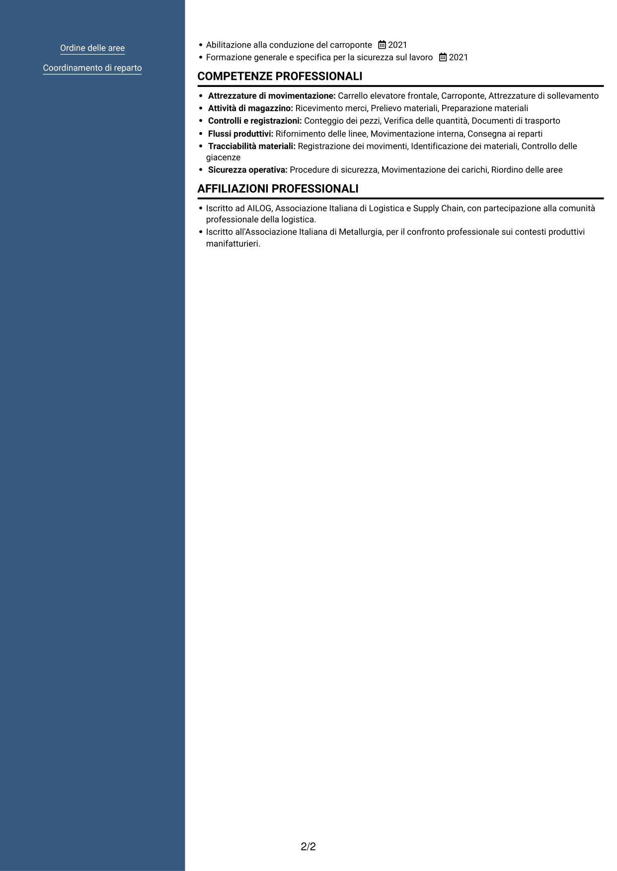 CV Signature (formato con colonna laterale colorata e foto grande): Addetto alla logistica di magazzino e produzione - movimentazione interna, pagina 2