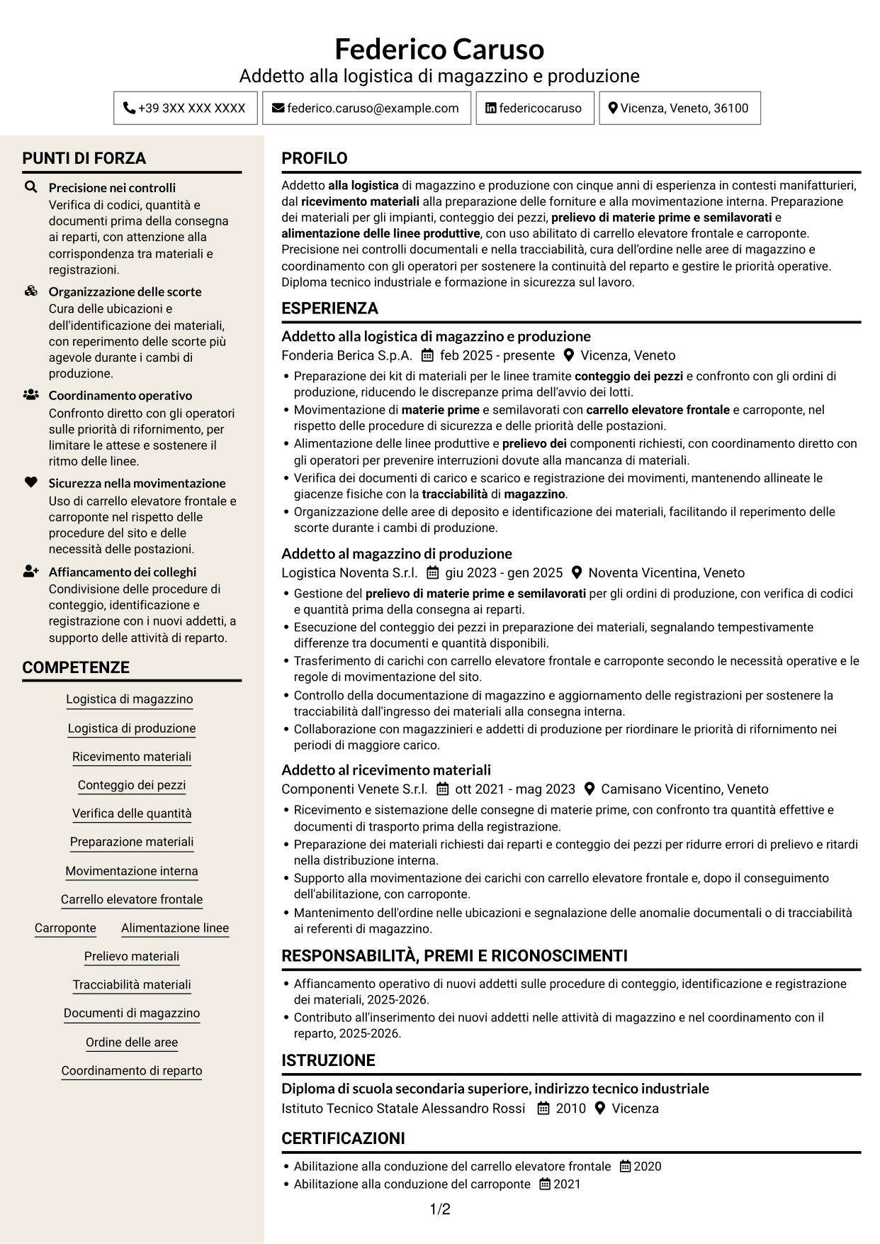 CV Intraprendente (formato a due colonne con intestazione centrata senza foto): Addetto alla logistica di magazzino e produzione - movimentazione interna, pagina 1