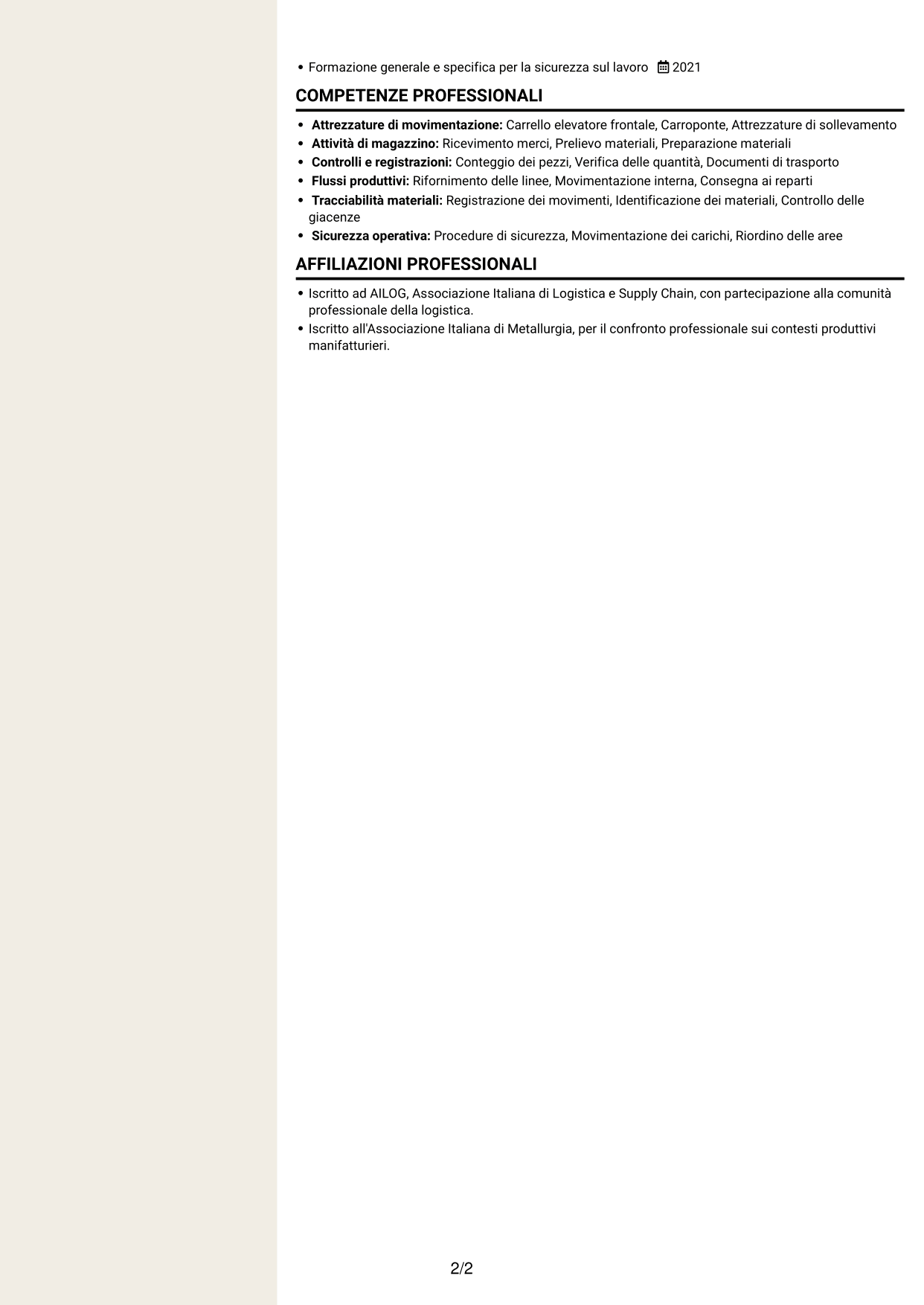 CV Intraprendente (formato a due colonne con intestazione centrata senza foto): Addetto alla logistica di magazzino e produzione - movimentazione interna, pagina 2