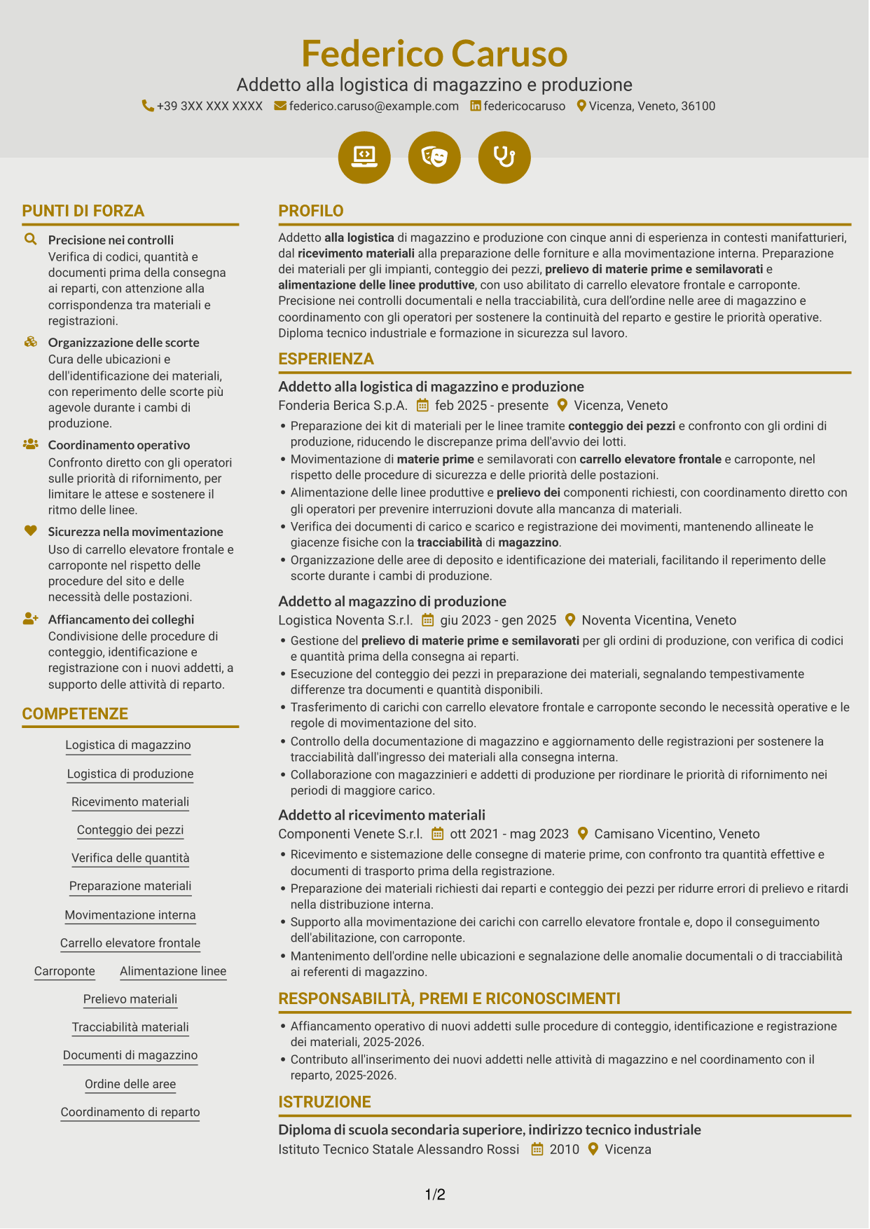 CV Dinamico (formato a due colonne con icone): Addetto alla logistica di magazzino e produzione - movimentazione interna, pagina 1