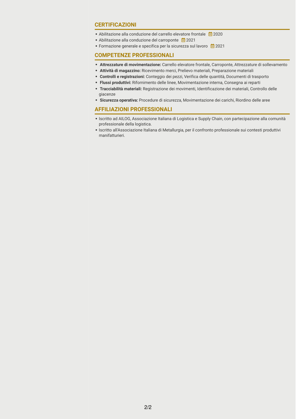 CV Dinamico (formato a due colonne con icone): Addetto alla logistica di magazzino e produzione - movimentazione interna, pagina 2
