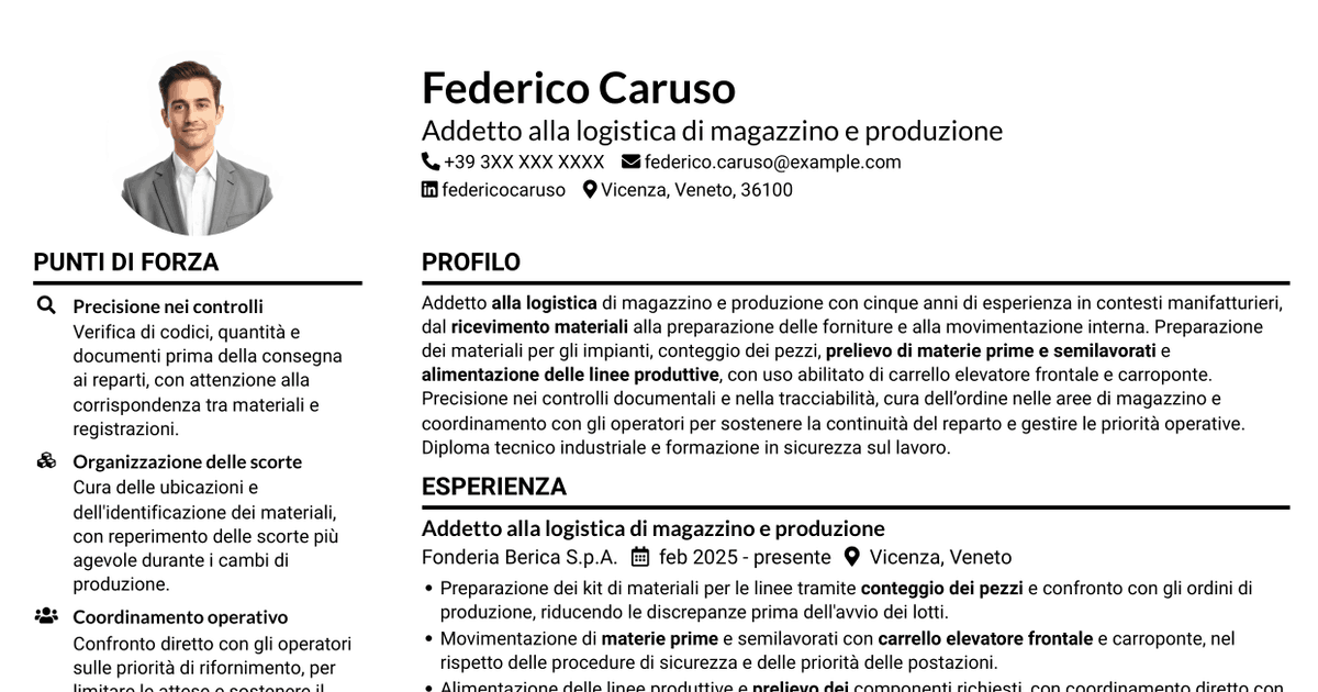 7 modelli di CV per Addetto alla logistica di magazzino e produzione - movimentazione interna, con esempi