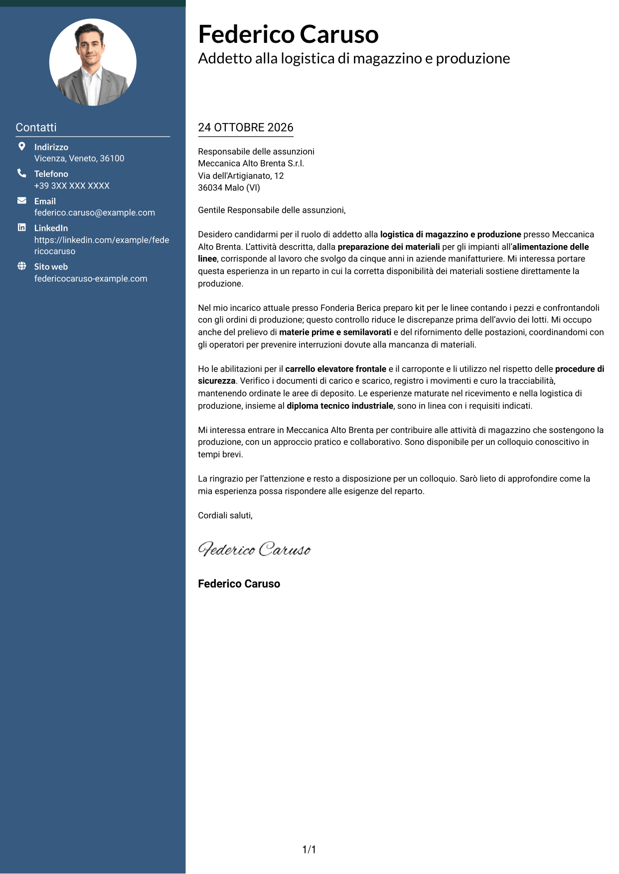 Lettera di presentazione Elegante (formato con colonna laterale colorata e foto): Addetto alla logistica di magazzino e produzione - movimentazione interna, pagina 1