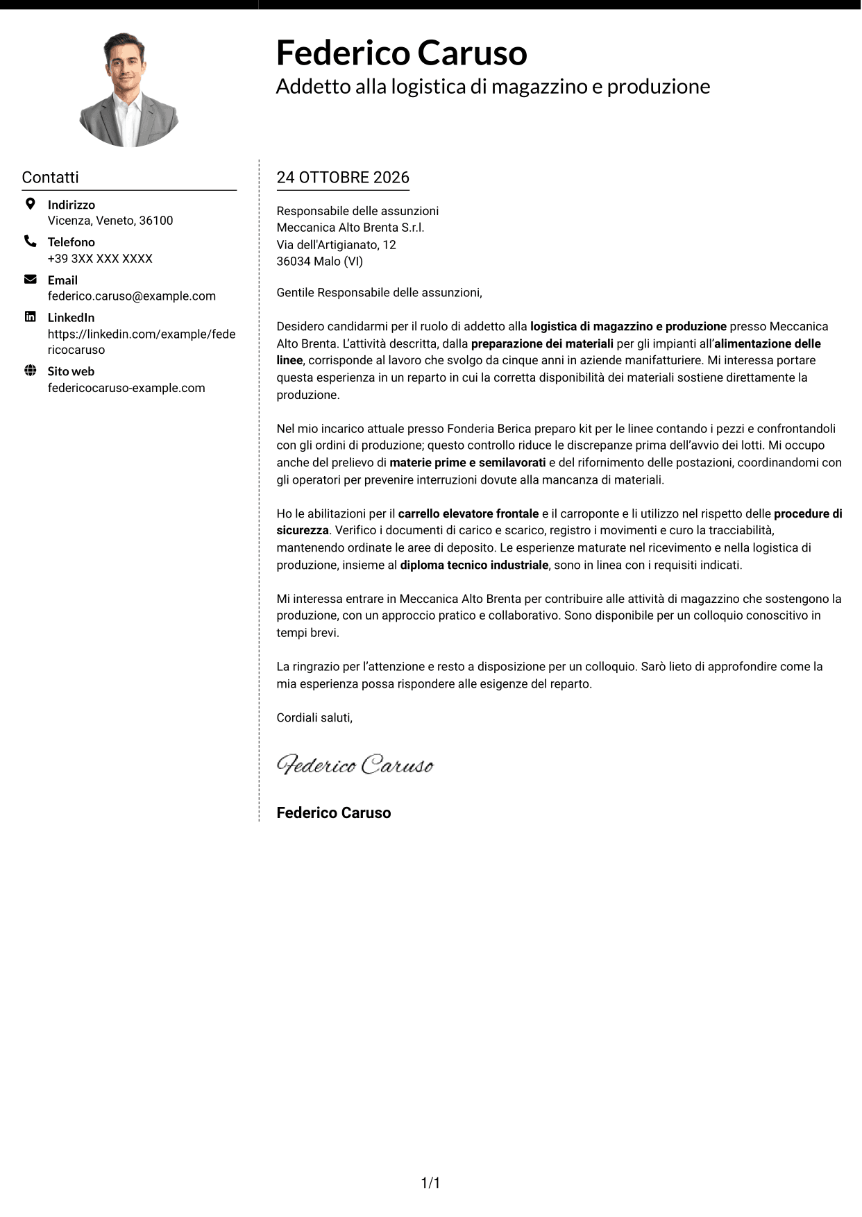 Lettera di presentazione Moderno (formato a due colonne con foto a sinistra e separatore): Addetto alla logistica di magazzino e produzione - movimentazione interna, pagina 1