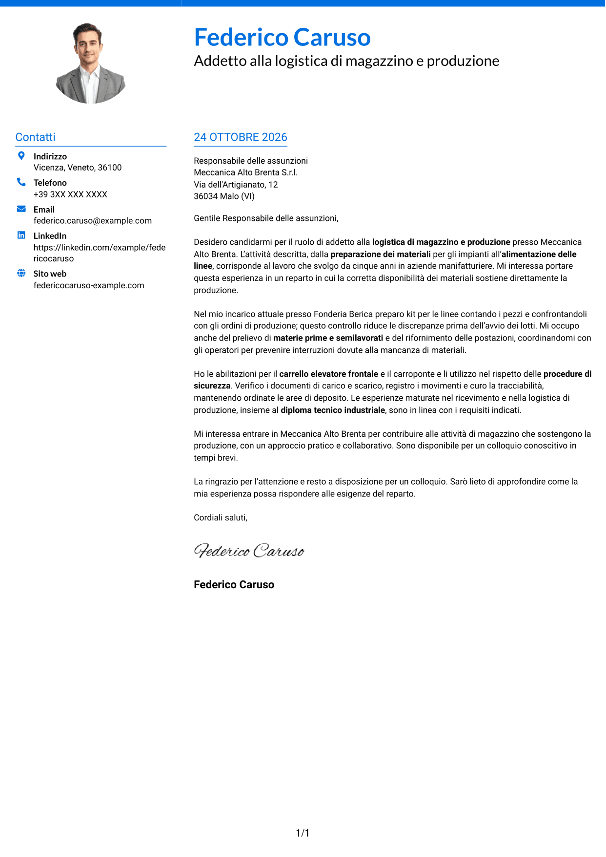 Lettera di presentazione Audace (formato a due colonne con accenti colorati e foto): Addetto alla logistica di magazzino e produzione - movimentazione interna, pagina 1