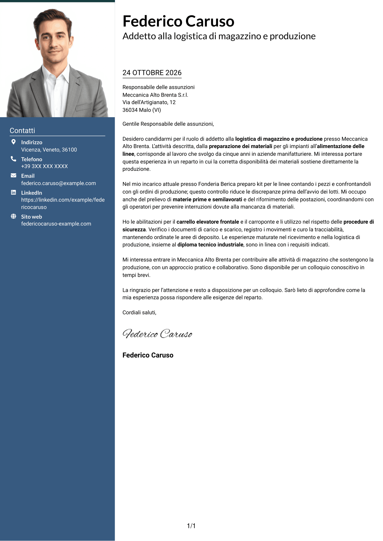 Lettera di presentazione Signature (formato con colonna laterale colorata e foto grande): Addetto alla logistica di magazzino e produzione - movimentazione interna, pagina 1