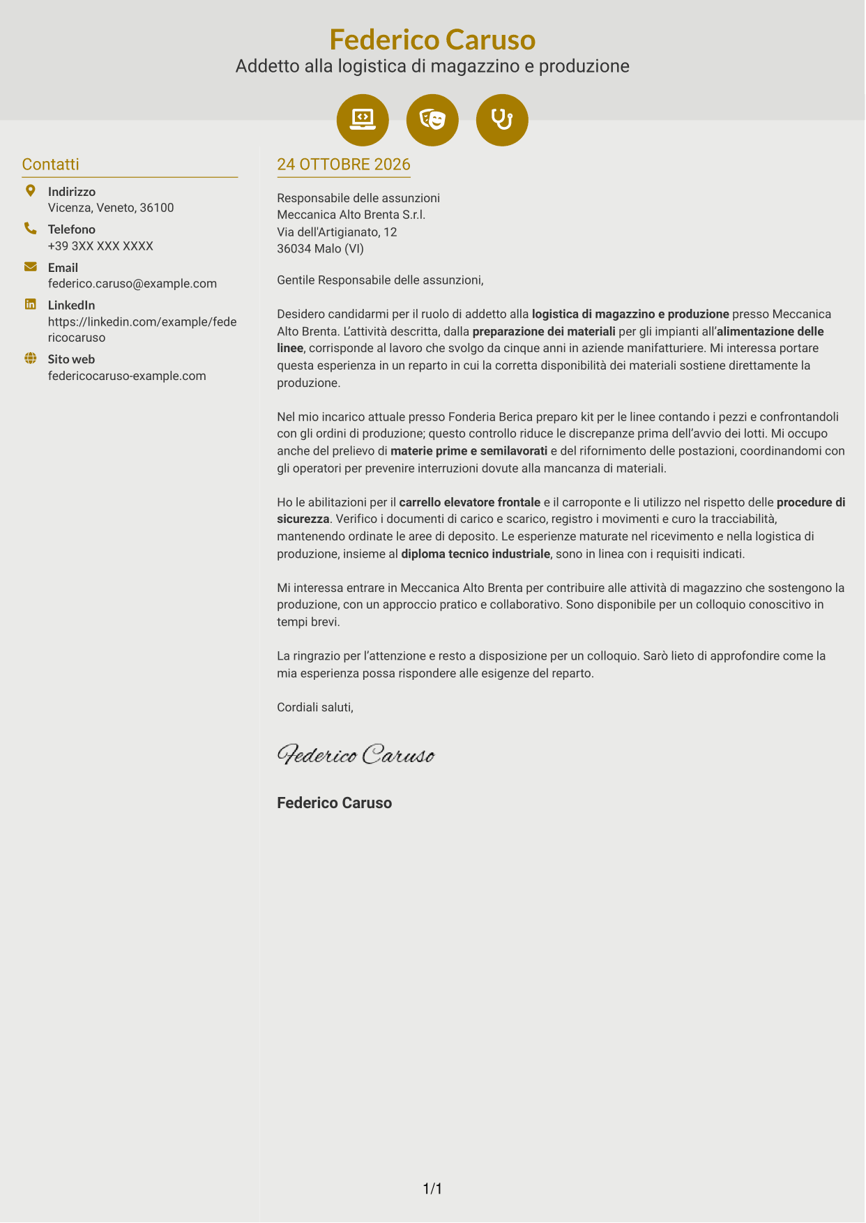 Lettera di presentazione Dinamico (formato a due colonne con icone): Addetto alla logistica di magazzino e produzione - movimentazione interna, pagina 1