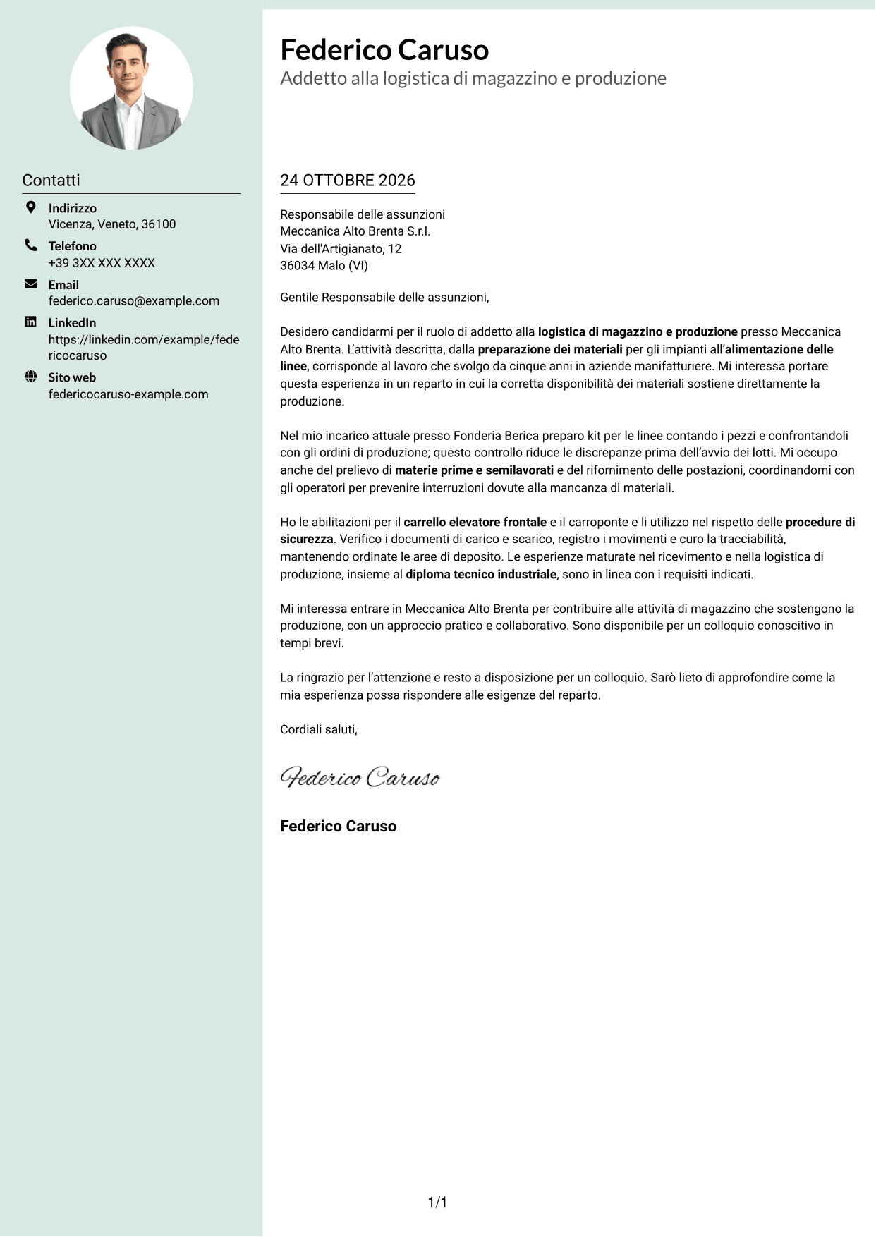 Lettera di presentazione Dirigente (formato con colonna laterale tenue e foto arrotondata): Addetto alla logistica di magazzino e produzione - movimentazione interna, pagina 1