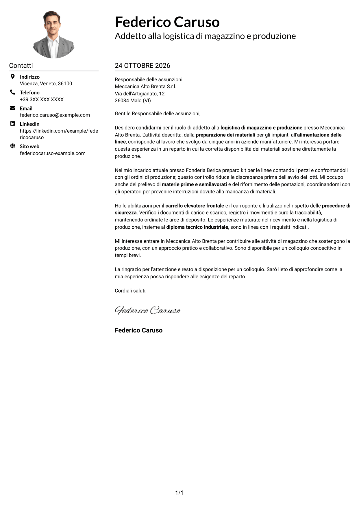 Esempio di lettera di presentazione — pagina 1