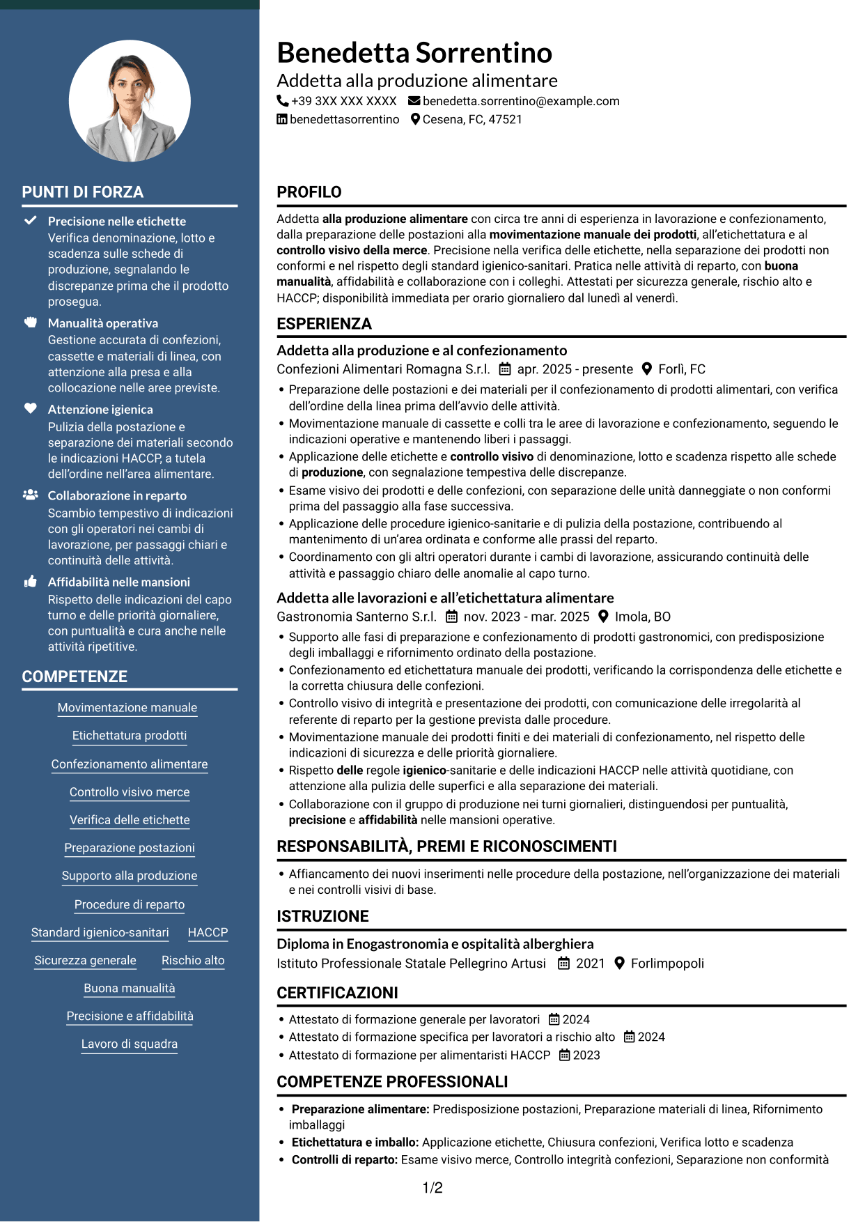 CV Elegante (formato con colonna laterale colorata e foto): Addetto alla manovalanza ed etichettatura - Produzione alimentare, pagina 1