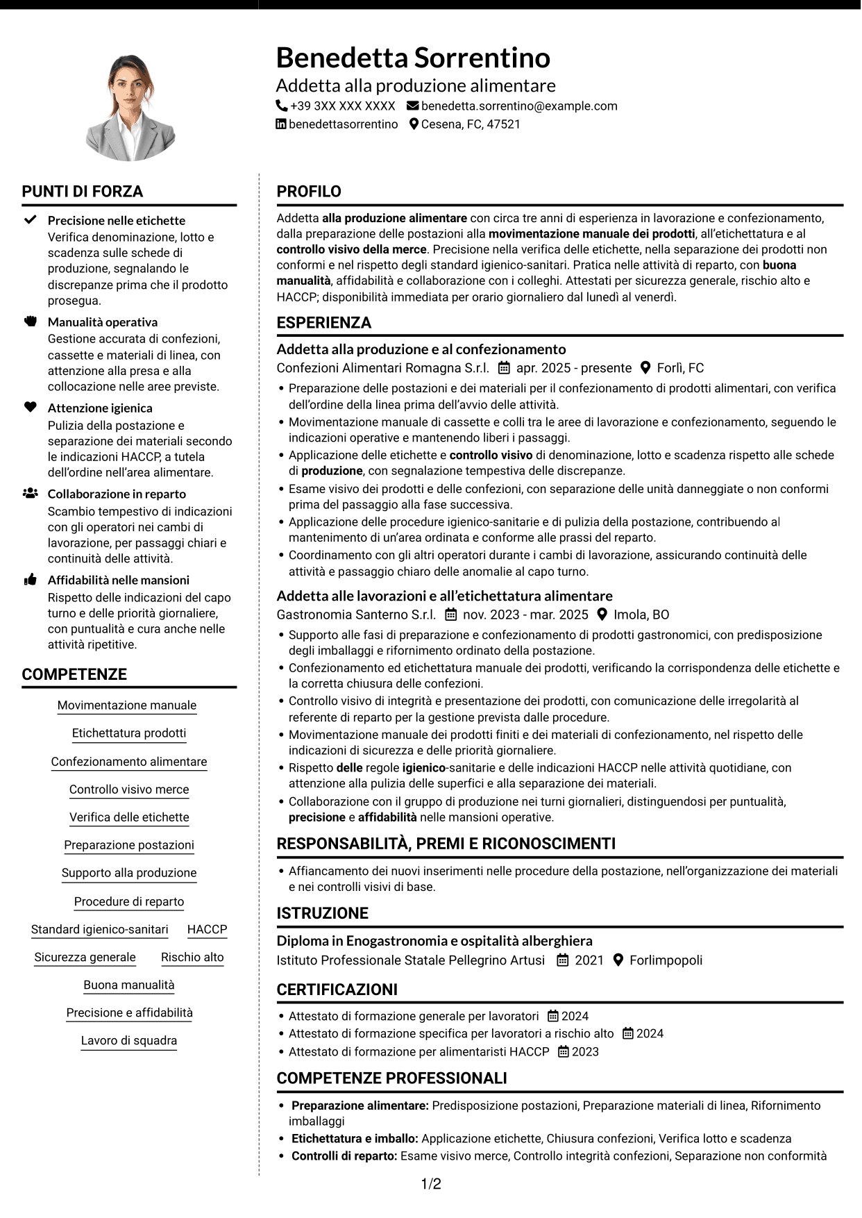 CV Moderno (formato a due colonne con foto a sinistra e separatore): Addetto alla manovalanza ed etichettatura - Produzione alimentare, pagina 1