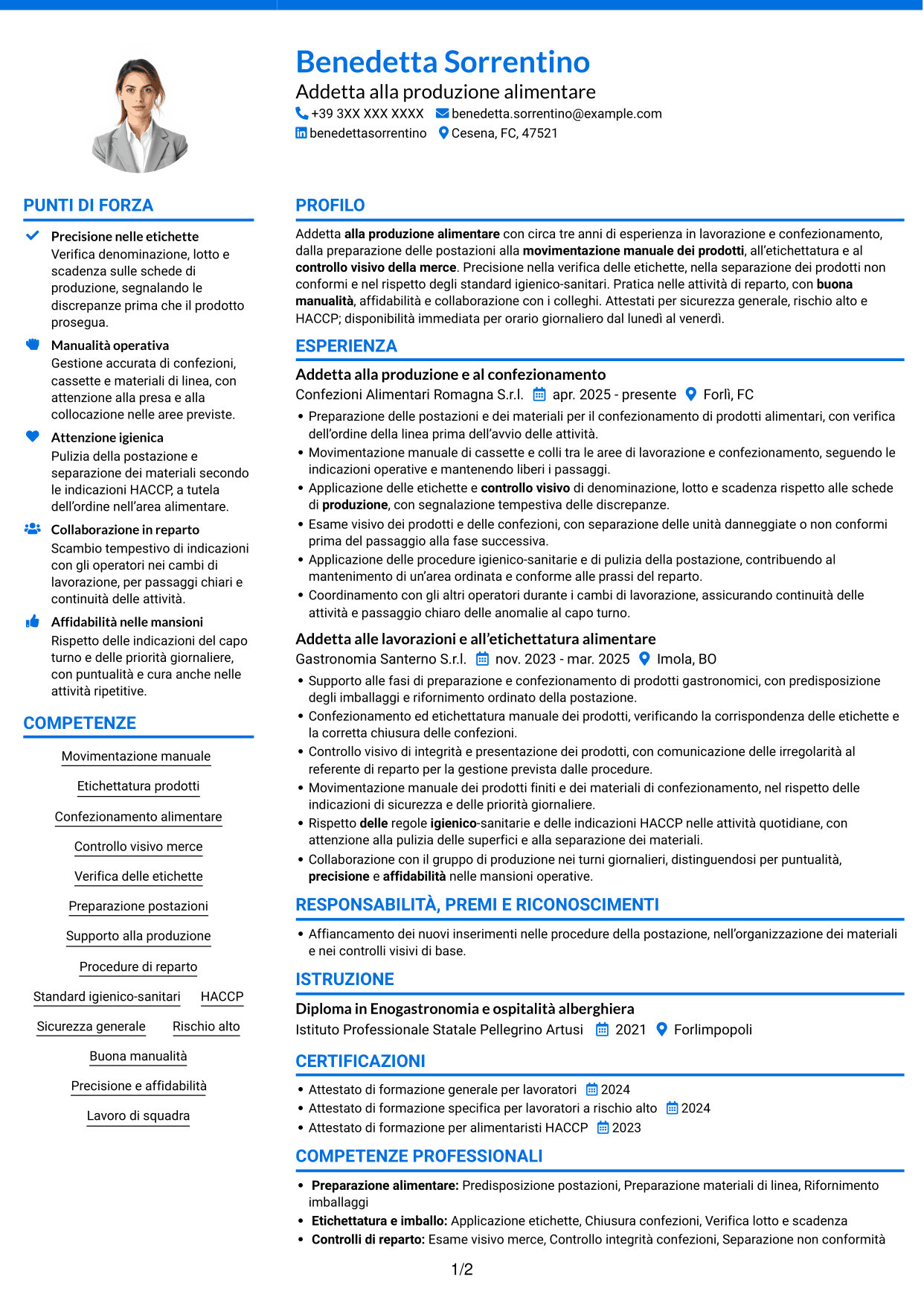 CV Audace (formato a due colonne con accenti colorati e foto): Addetto alla manovalanza ed etichettatura - Produzione alimentare, pagina 1