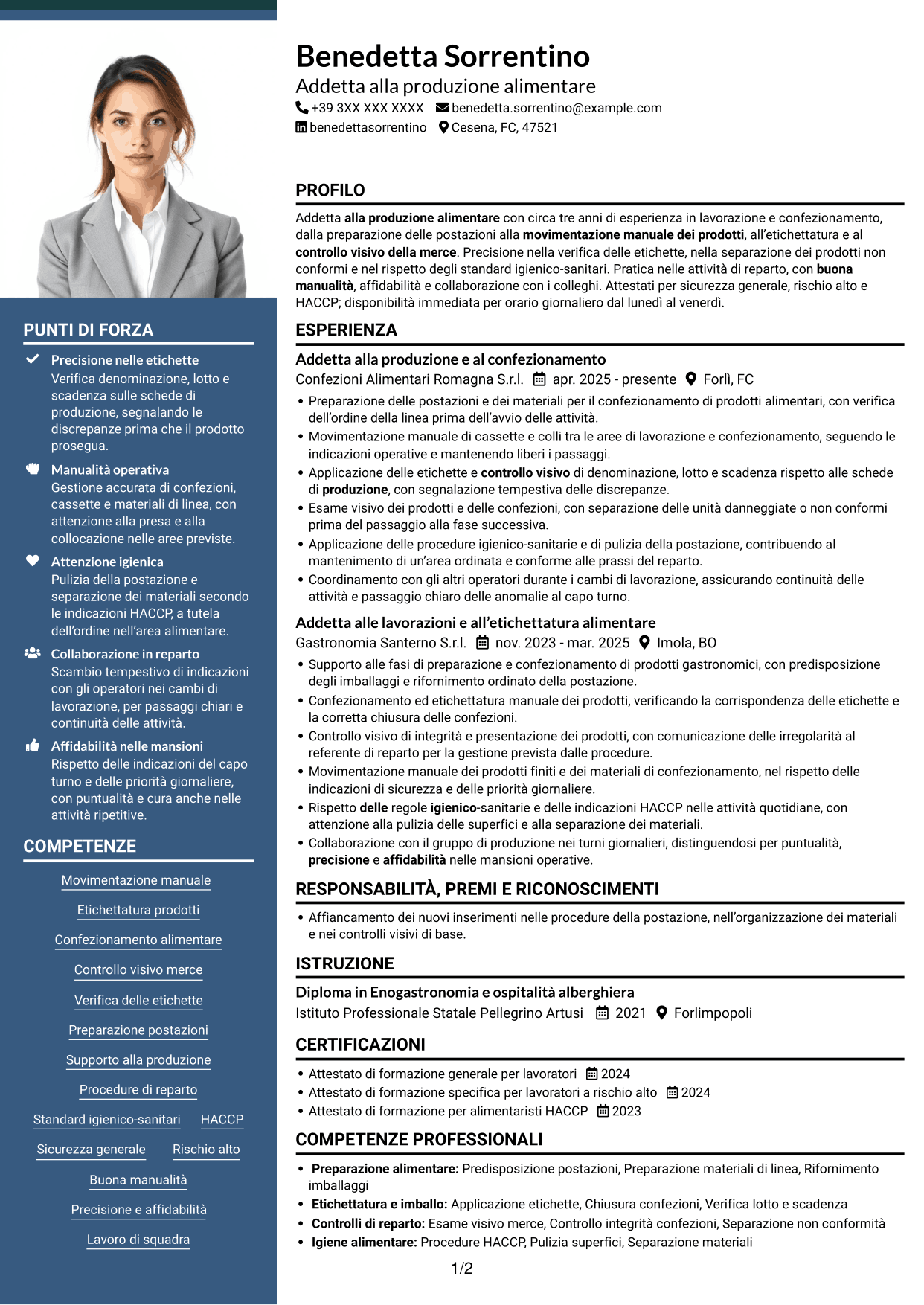 CV Signature (formato con colonna laterale colorata e foto grande): Addetto alla manovalanza ed etichettatura - Produzione alimentare, pagina 1