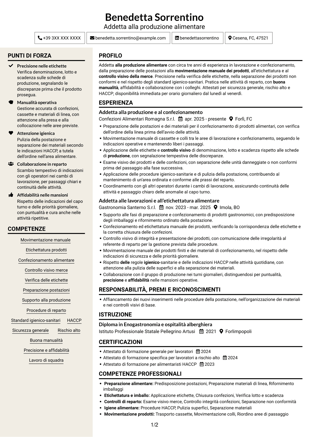 CV Intraprendente (formato a due colonne con intestazione centrata senza foto): Addetto alla manovalanza ed etichettatura - Produzione alimentare, pagina 1