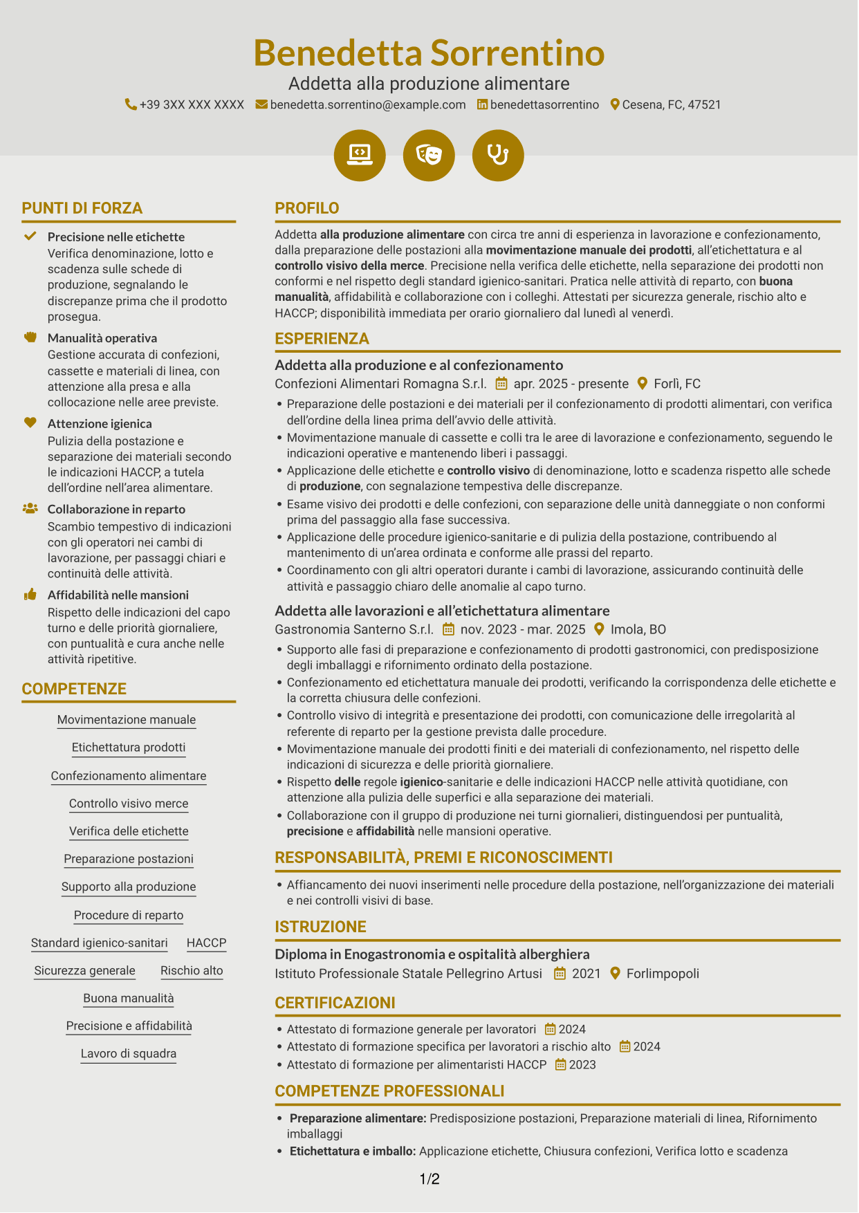 CV Dinamico (formato a due colonne con icone): Addetto alla manovalanza ed etichettatura - Produzione alimentare, pagina 1