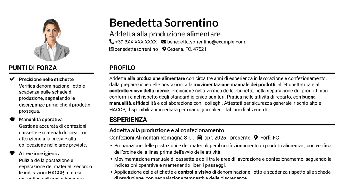 7 modelli di CV per Addetto alla manovalanza ed etichettatura - Produzione alimentare, con esempi