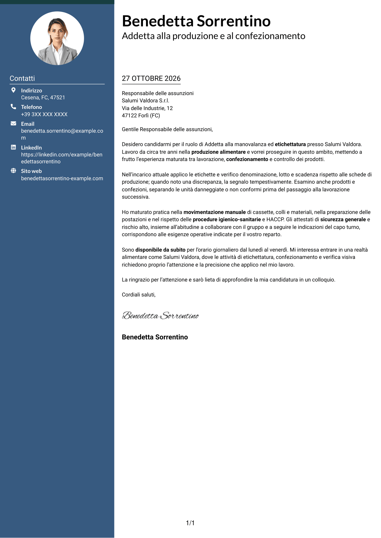 Lettera di presentazione Elegante (formato con colonna laterale colorata e foto): Addetto alla manovalanza ed etichettatura - Produzione alimentare, pagina 1