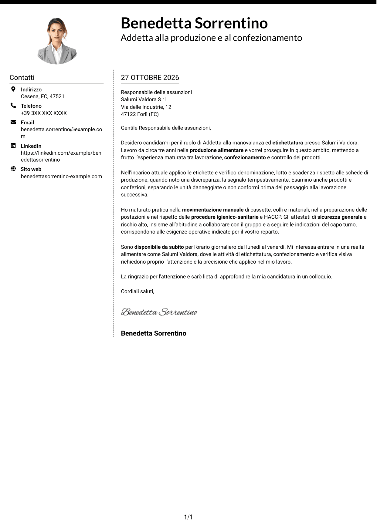 Lettera di presentazione Moderno (formato a due colonne con foto a sinistra e separatore): Addetto alla manovalanza ed etichettatura - Produzione alimentare, pagina 1