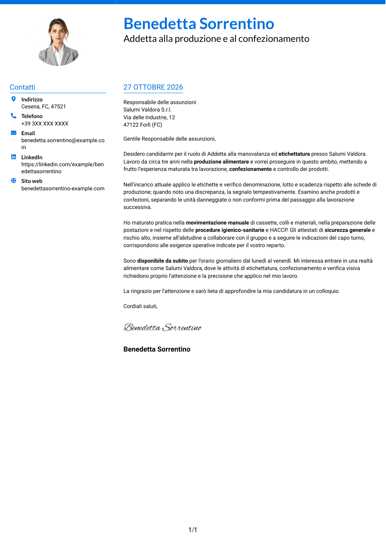 Lettera di presentazione Audace (formato a due colonne con accenti colorati e foto): Addetto alla manovalanza ed etichettatura - Produzione alimentare, pagina 1