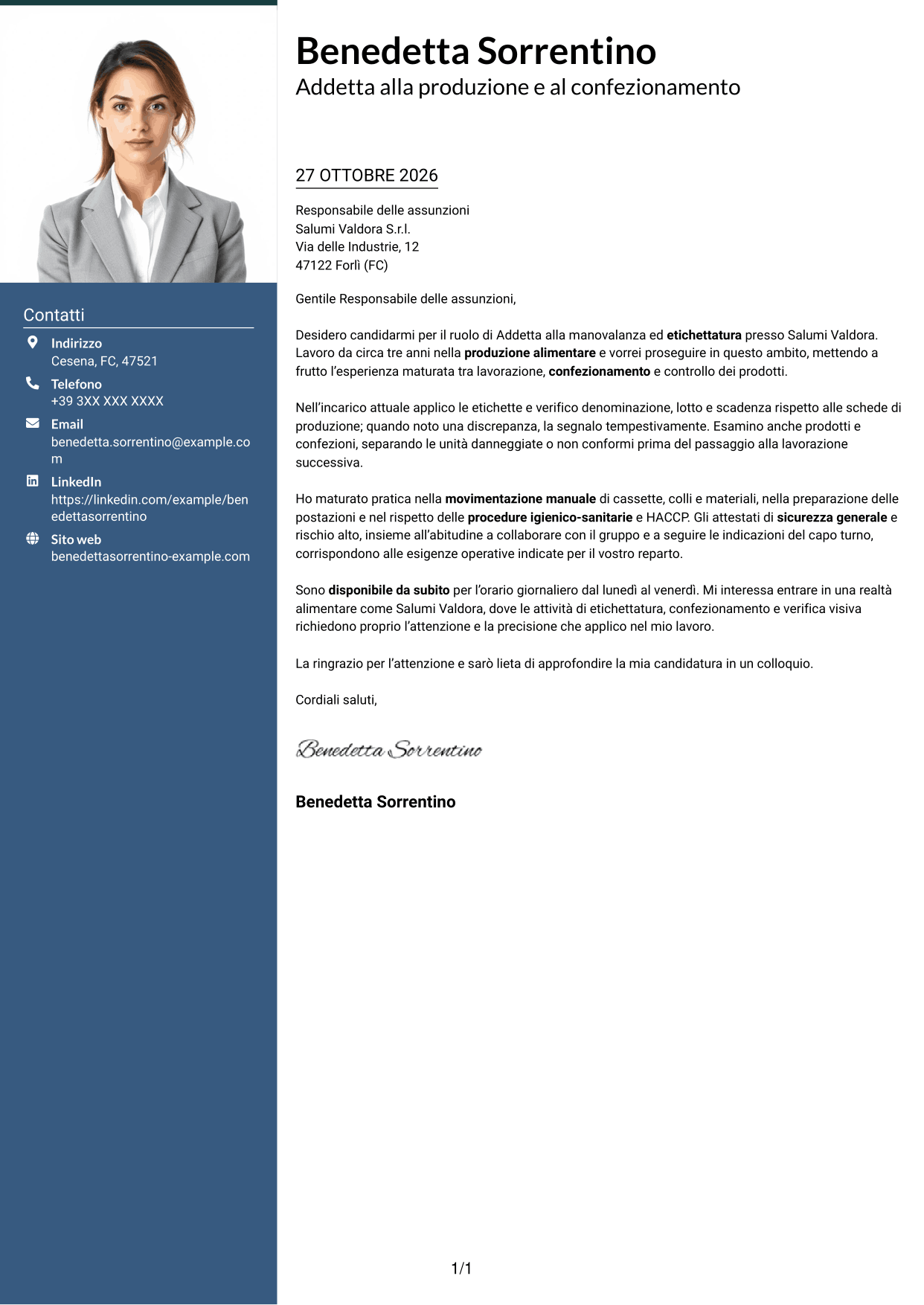 Lettera di presentazione Signature (formato con colonna laterale colorata e foto grande): Addetto alla manovalanza ed etichettatura - Produzione alimentare, pagina 1