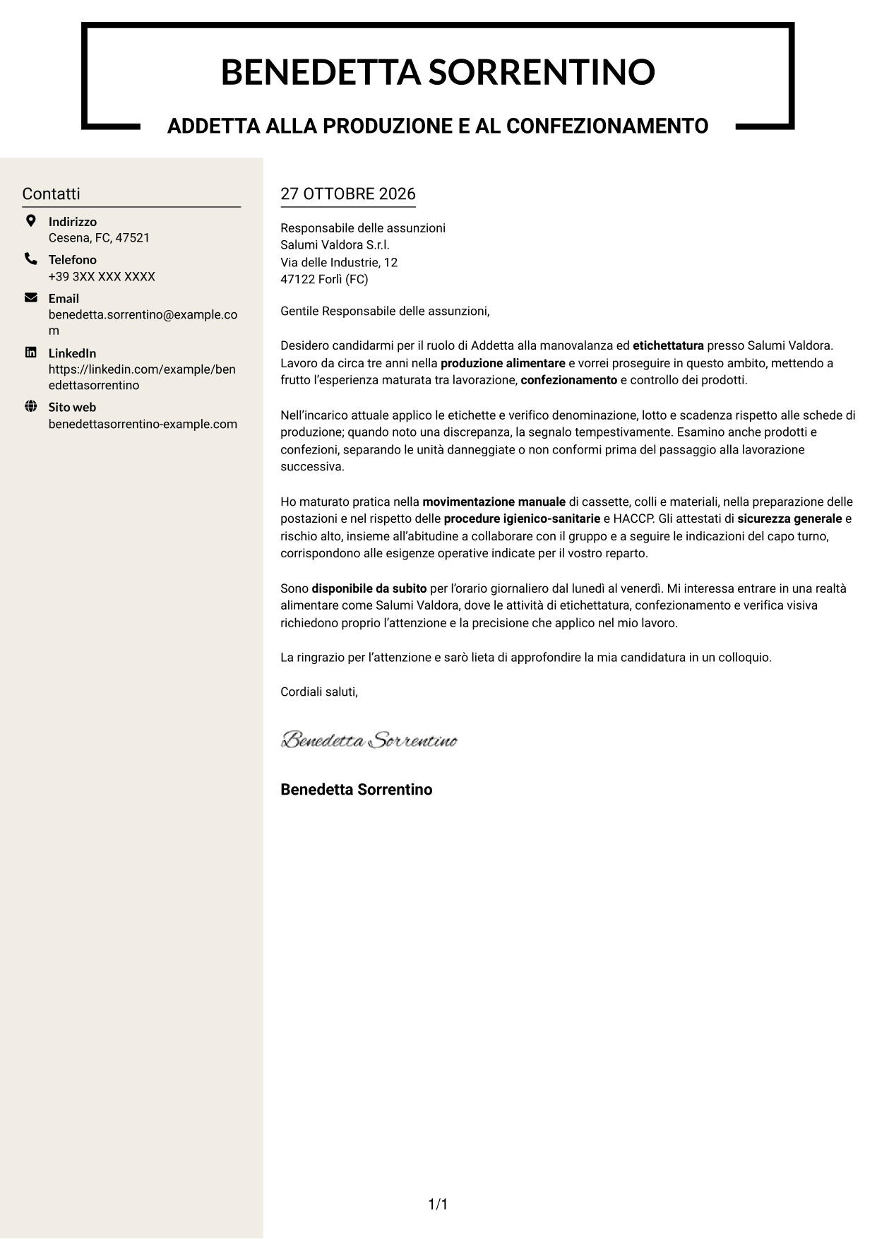 Lettera di presentazione Intraprendente (formato a due colonne con intestazione centrata senza foto): Addetto alla manovalanza ed etichettatura - Produzione alimentare, pagina 1