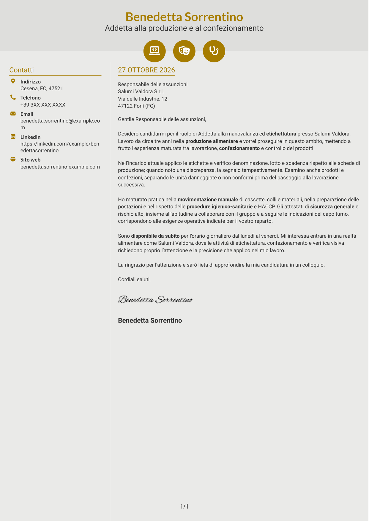 Lettera di presentazione Dinamico (formato a due colonne con icone): Addetto alla manovalanza ed etichettatura - Produzione alimentare, pagina 1