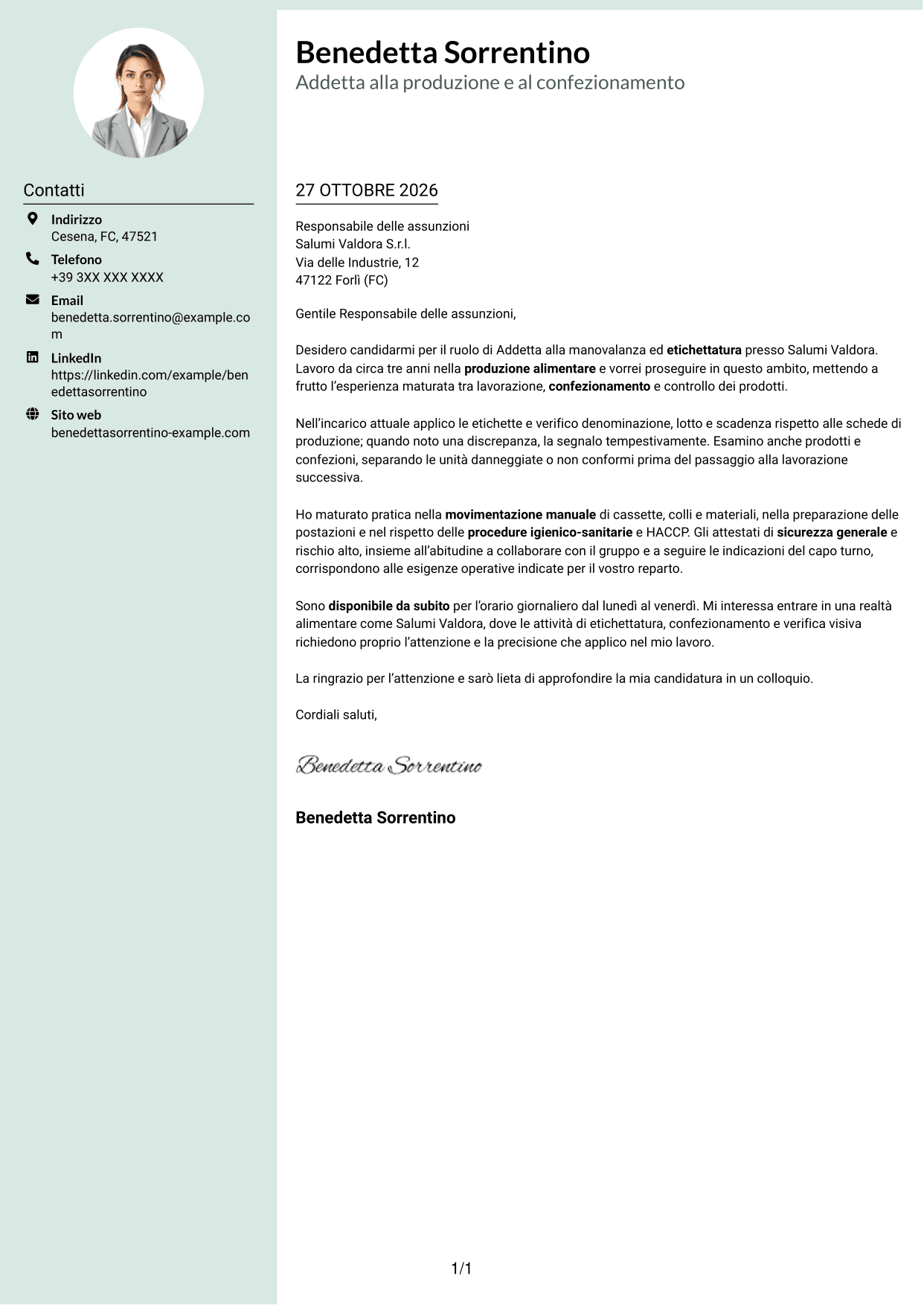Lettera di presentazione Dirigente (formato con colonna laterale tenue e foto arrotondata): Addetto alla manovalanza ed etichettatura - Produzione alimentare, pagina 1