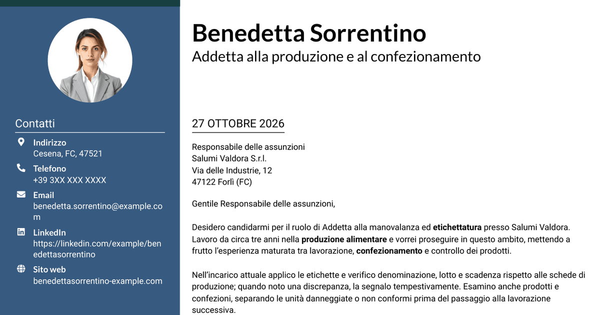 7 modelli di lettera di presentazione per Addetto alla manovalanza ed etichettatura - Produzione alimentare, con esempi