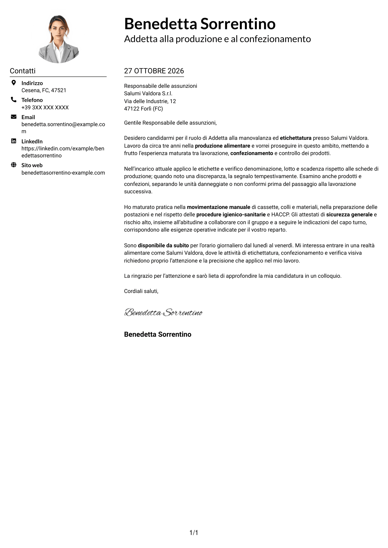 Esempio di lettera di presentazione — pagina 1
