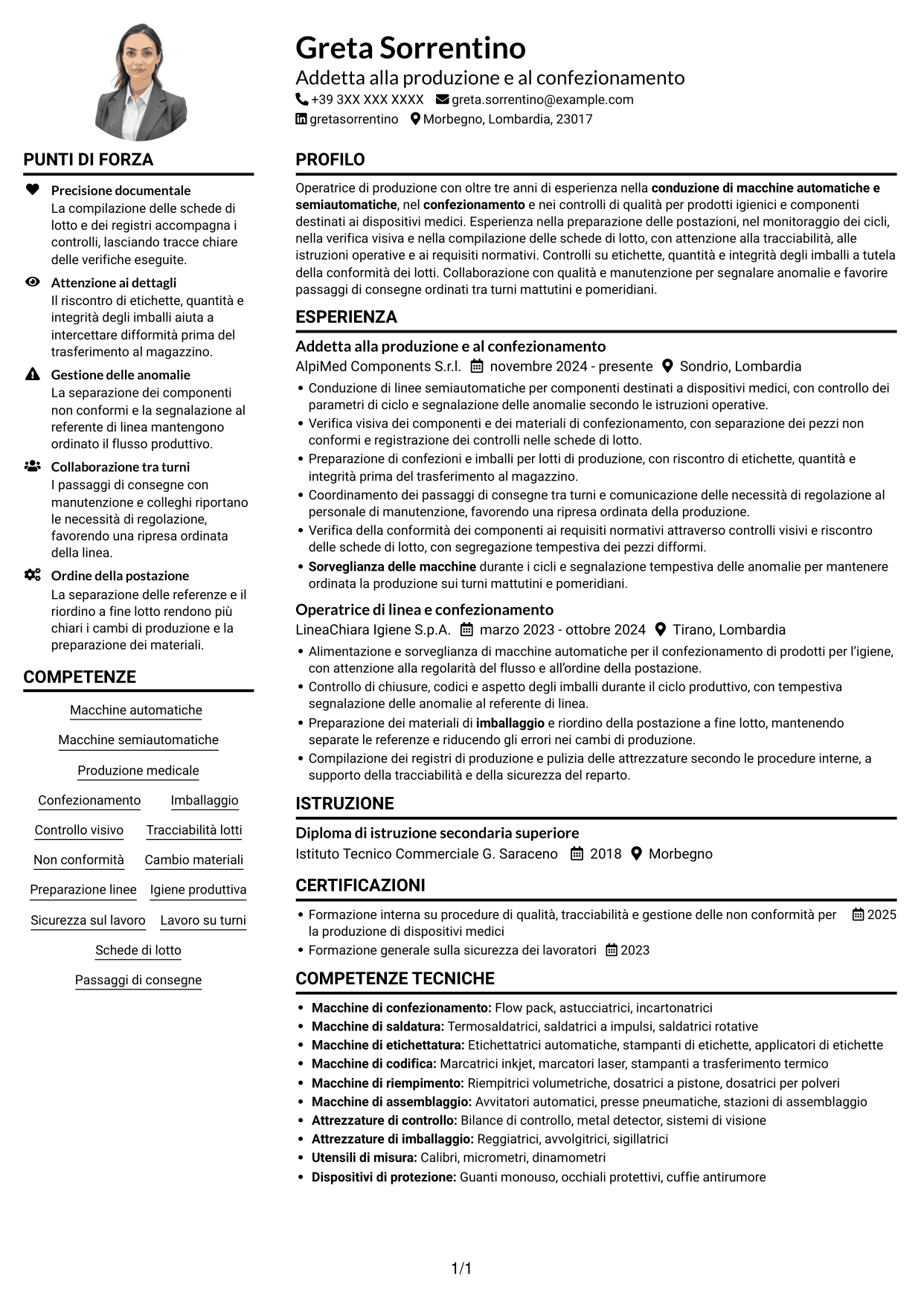 Esempio di curriculum — pagina 1