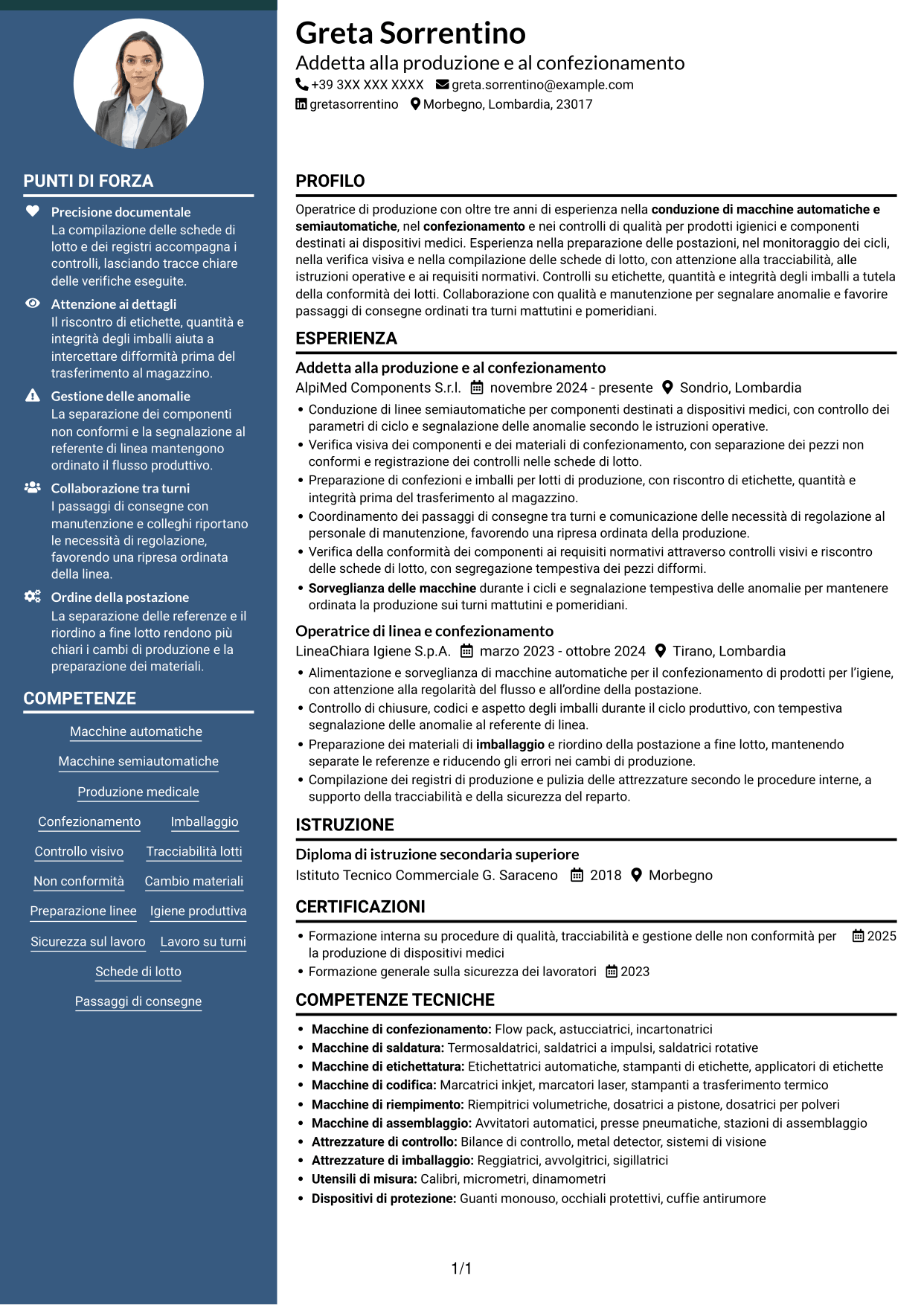CV Elegante (formato con colonna laterale colorata e foto): Addetto alla produzione e al confezionamento - Dispositivi medici, pagina 1