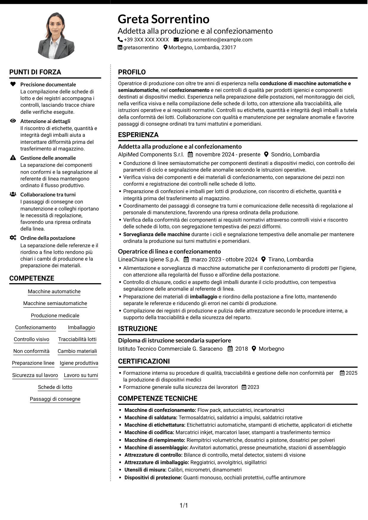 CV Moderno (formato a due colonne con foto a sinistra e separatore): Addetto alla produzione e al confezionamento - Dispositivi medici, pagina 1