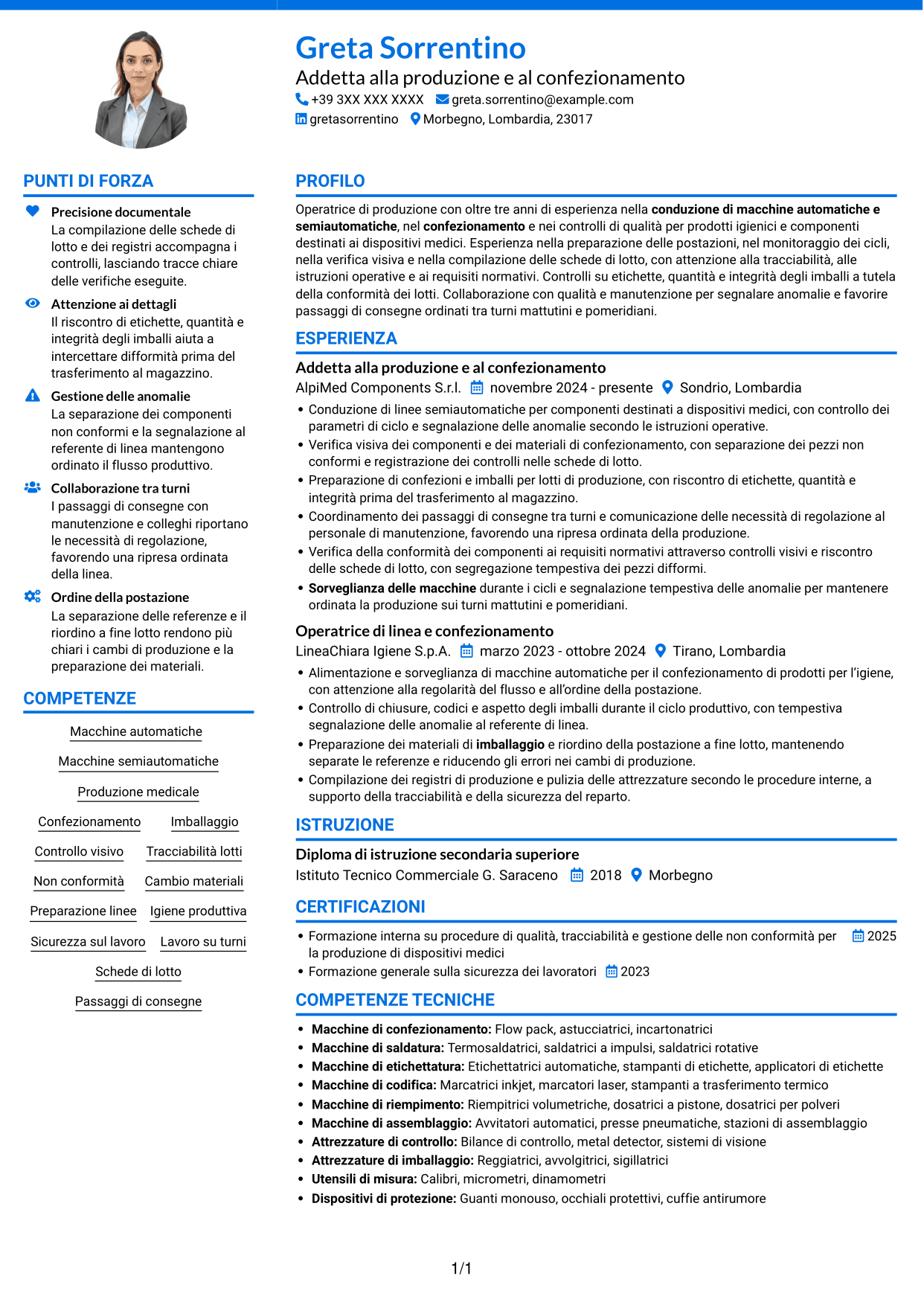 CV Audace (formato a due colonne con accenti colorati e foto): Addetto alla produzione e al confezionamento - Dispositivi medici, pagina 1