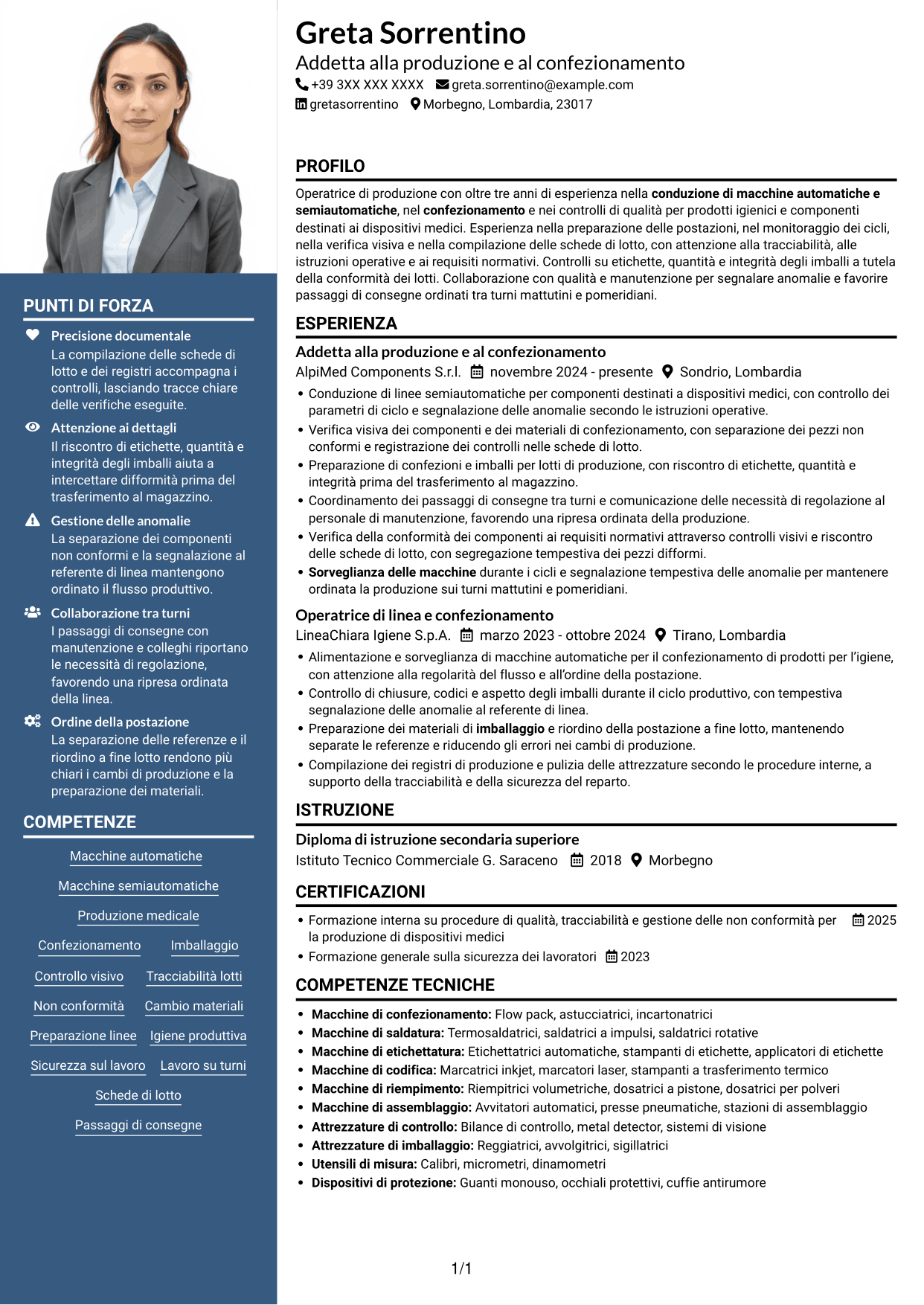 CV Signature (formato con colonna laterale colorata e foto grande): Addetto alla produzione e al confezionamento - Dispositivi medici, pagina 1