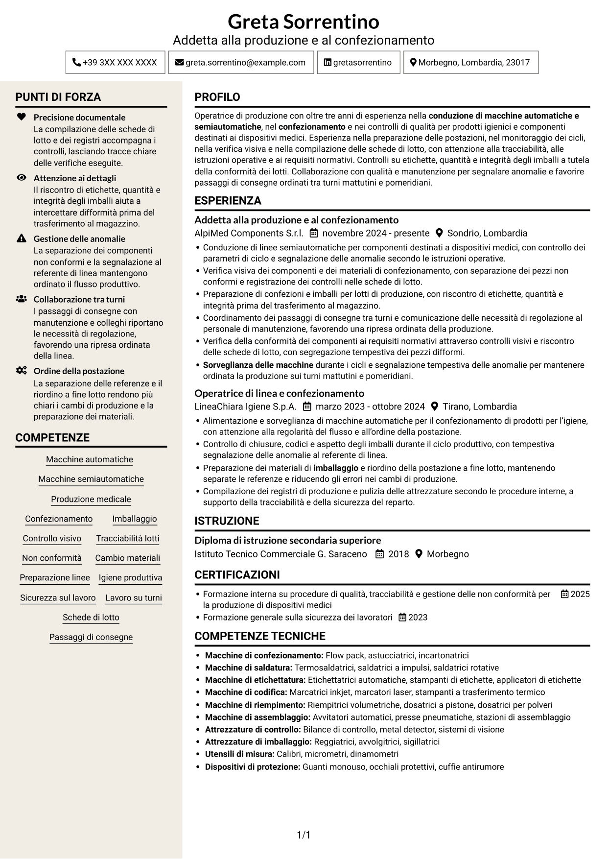 CV Intraprendente (formato a due colonne con intestazione centrata senza foto): Addetto alla produzione e al confezionamento - Dispositivi medici, pagina 1