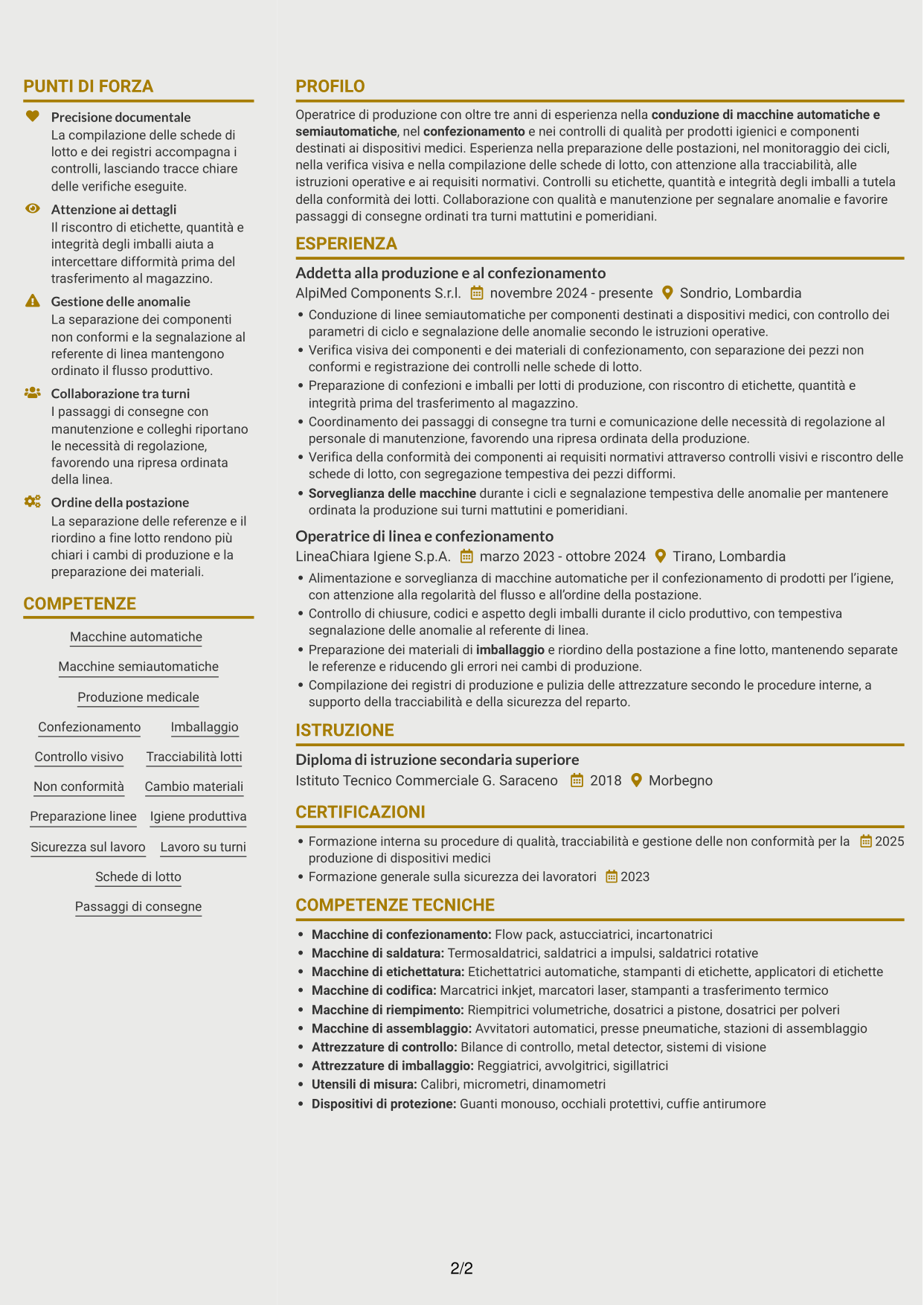 CV Dinamico (formato a due colonne con icone): Addetto alla produzione e al confezionamento - Dispositivi medici, pagina 2