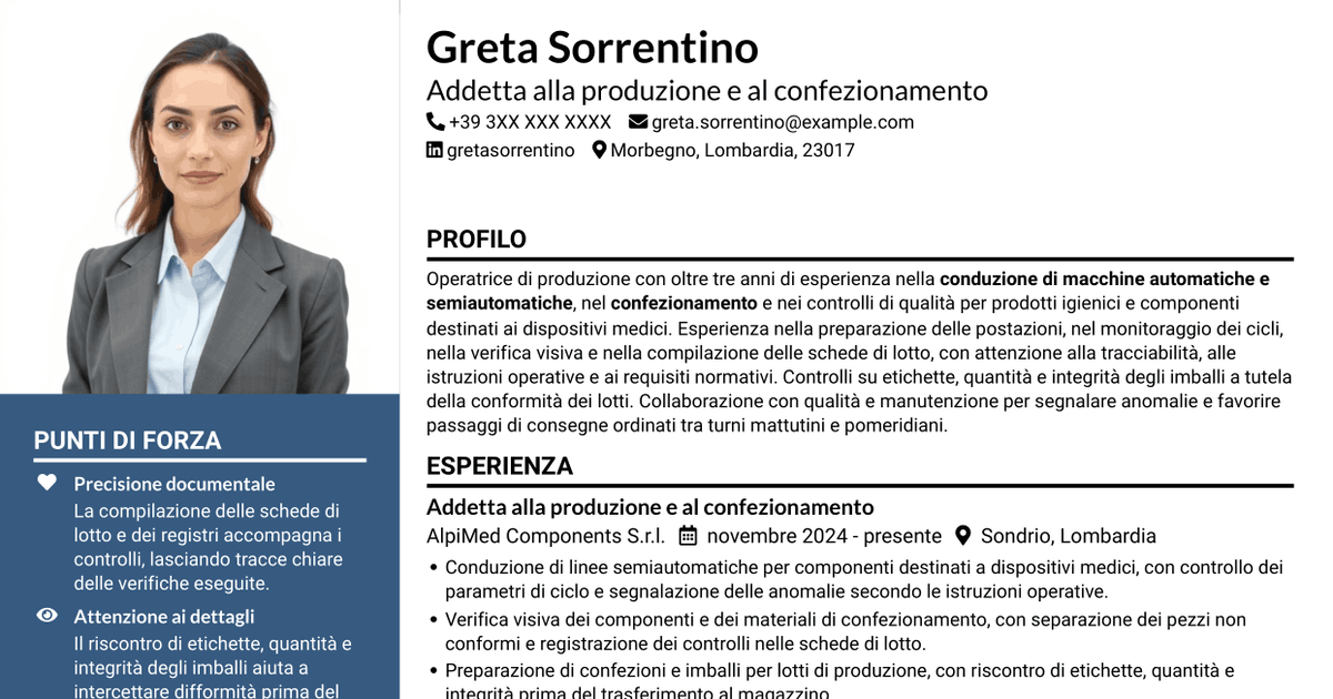7 modelli di CV per Addetto alla produzione e al confezionamento - Dispositivi medici, con esempi