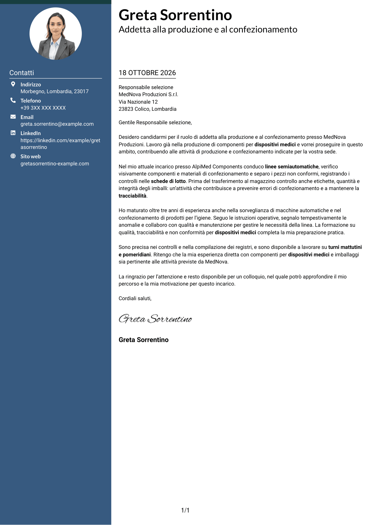 Lettera di presentazione Elegante (formato con colonna laterale colorata e foto): Addetto alla produzione e al confezionamento - Dispositivi medici, pagina 1