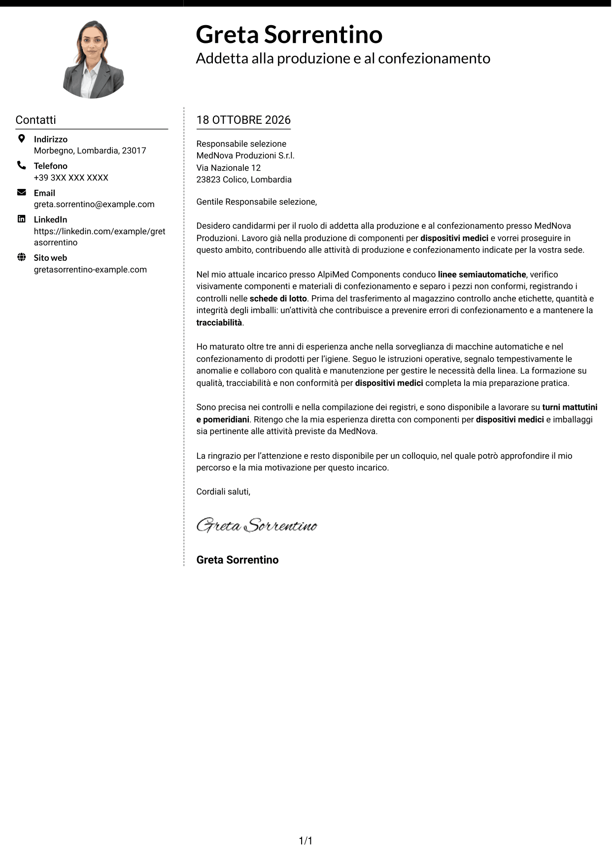 Lettera di presentazione Moderno (formato a due colonne con foto a sinistra e separatore): Addetto alla produzione e al confezionamento - Dispositivi medici, pagina 1