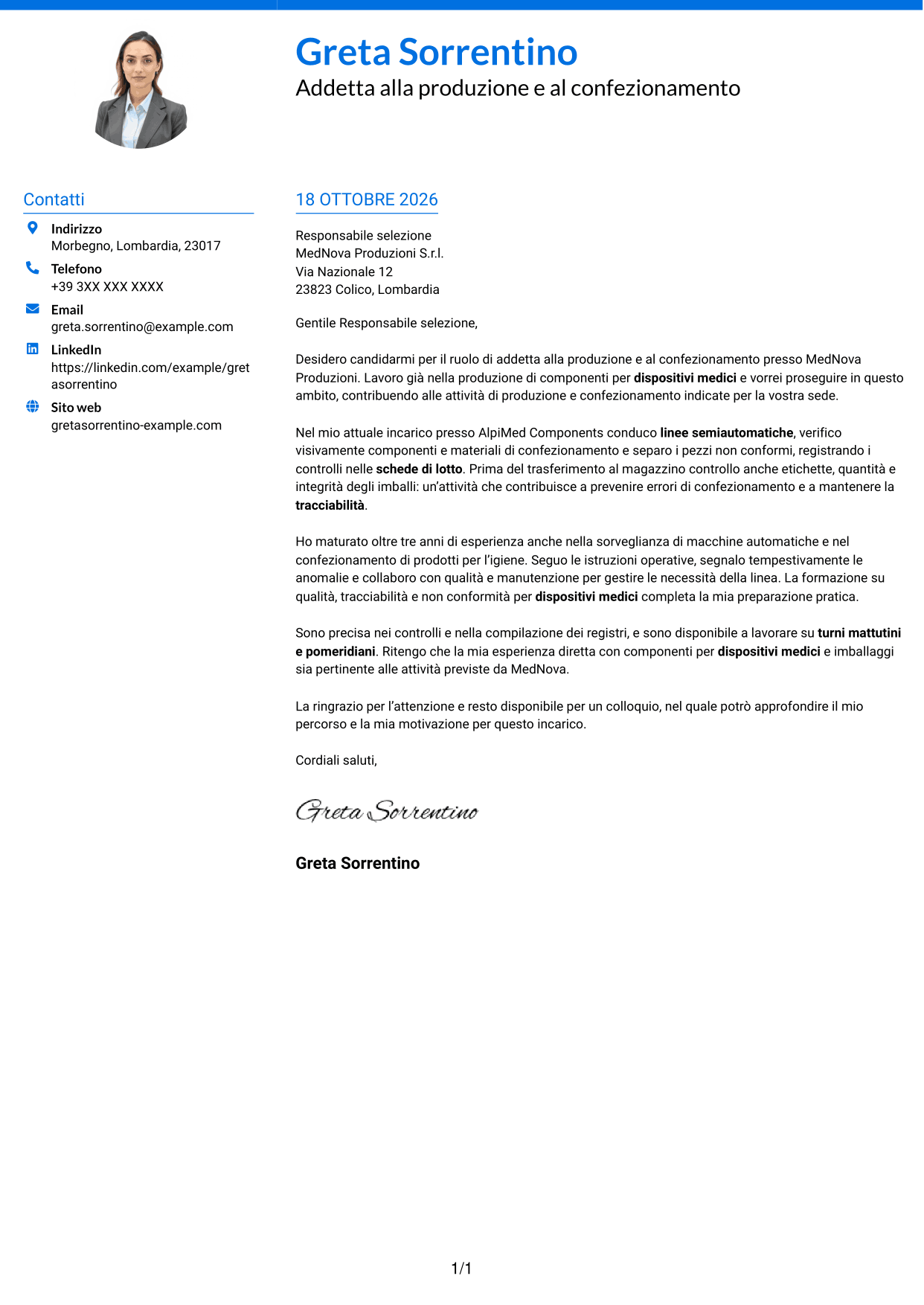 Lettera di presentazione Audace (formato a due colonne con accenti colorati e foto): Addetto alla produzione e al confezionamento - Dispositivi medici, pagina 1