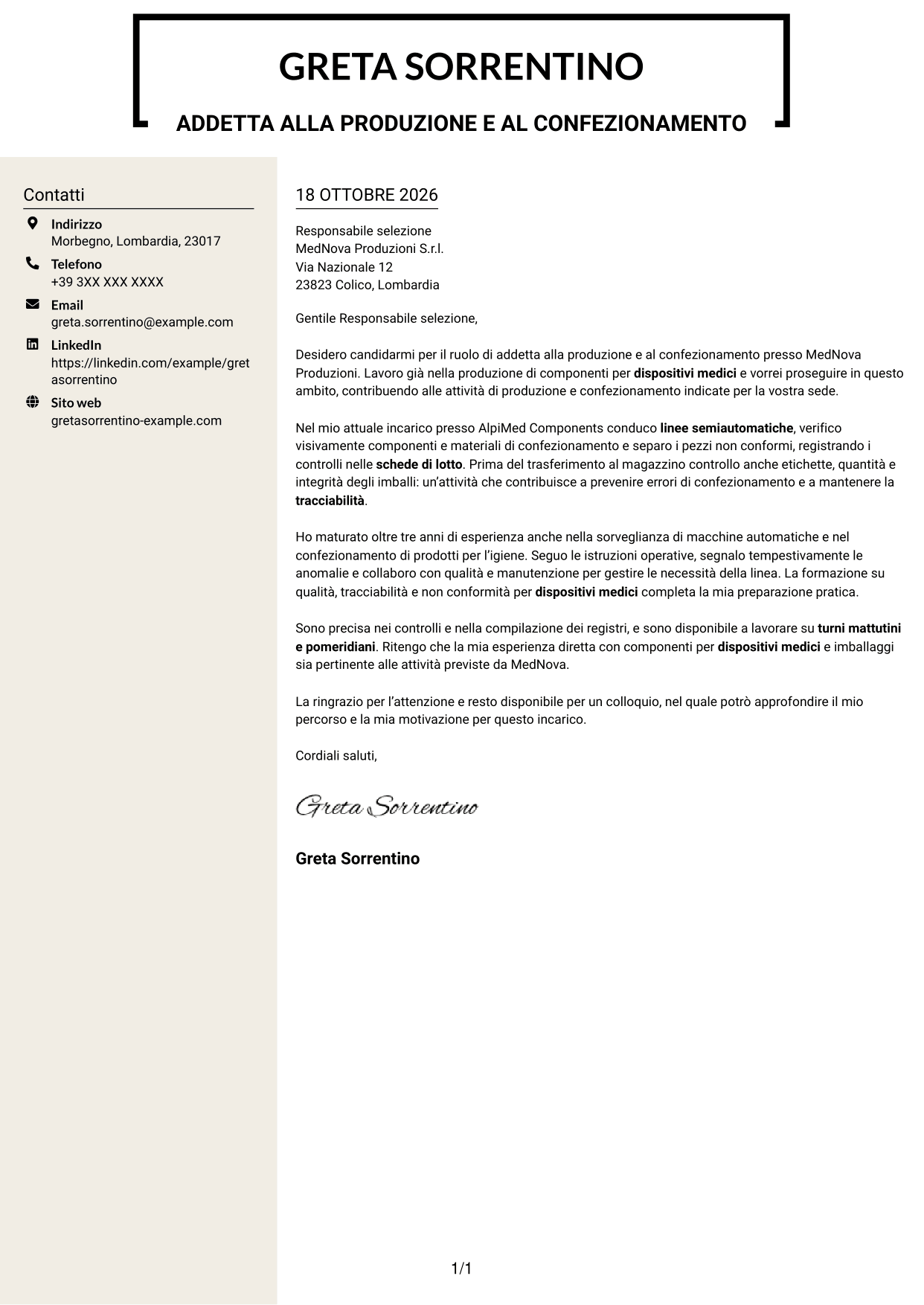 Lettera di presentazione Intraprendente (formato a due colonne con intestazione centrata senza foto): Addetto alla produzione e al confezionamento - Dispositivi medici, pagina 1